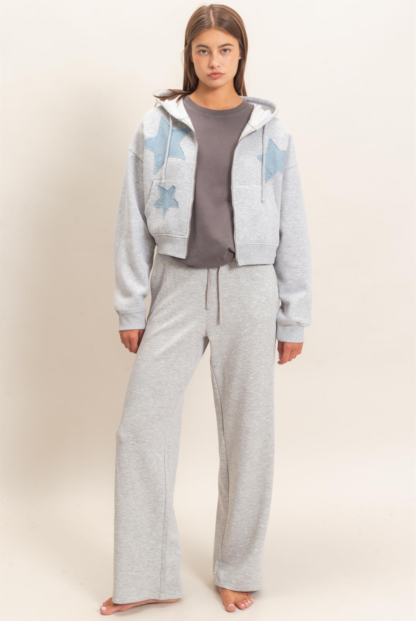 Wholesale Star Patch Zip-Up Hoodie Hoodies DZ26E828 HEATHER GRAY DOUBLE ZERO