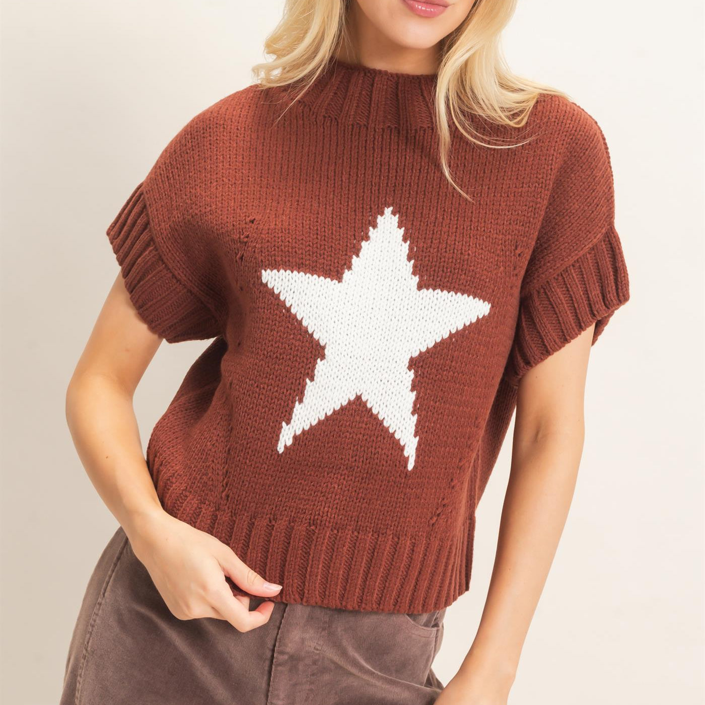 Wholesale Star Pattern Ribbed Sweater Sweaters HF26E051 CHOCOLATE HYFVE