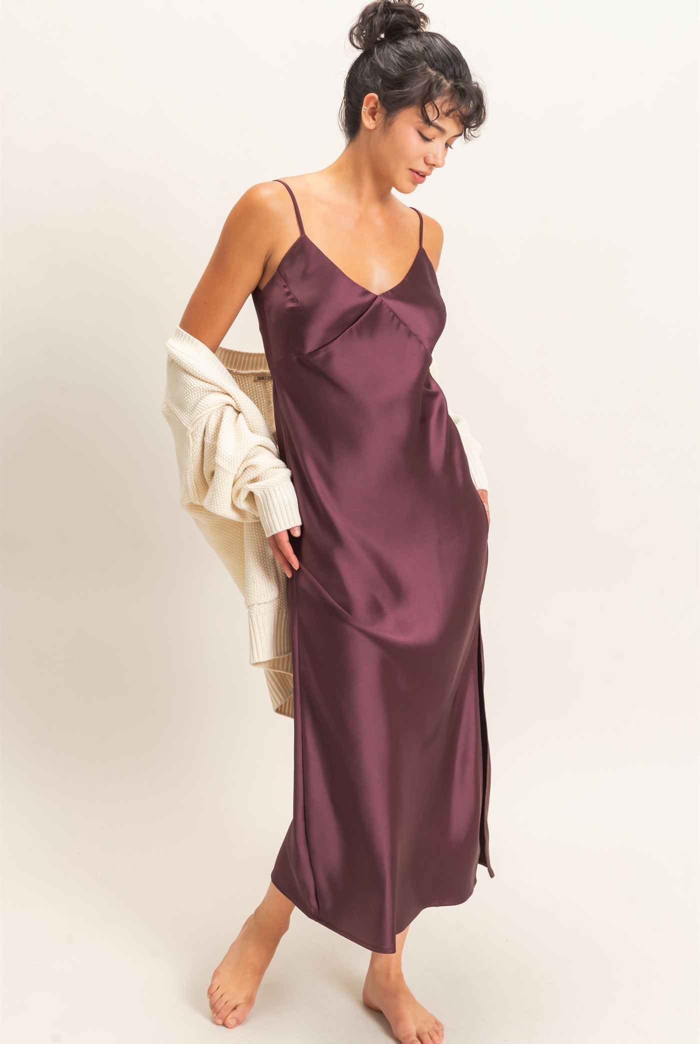 Wholesale Satin V-Neck Slip Dress Dresses DZ26E262 DARK CHERRY DOUBLE ZERO