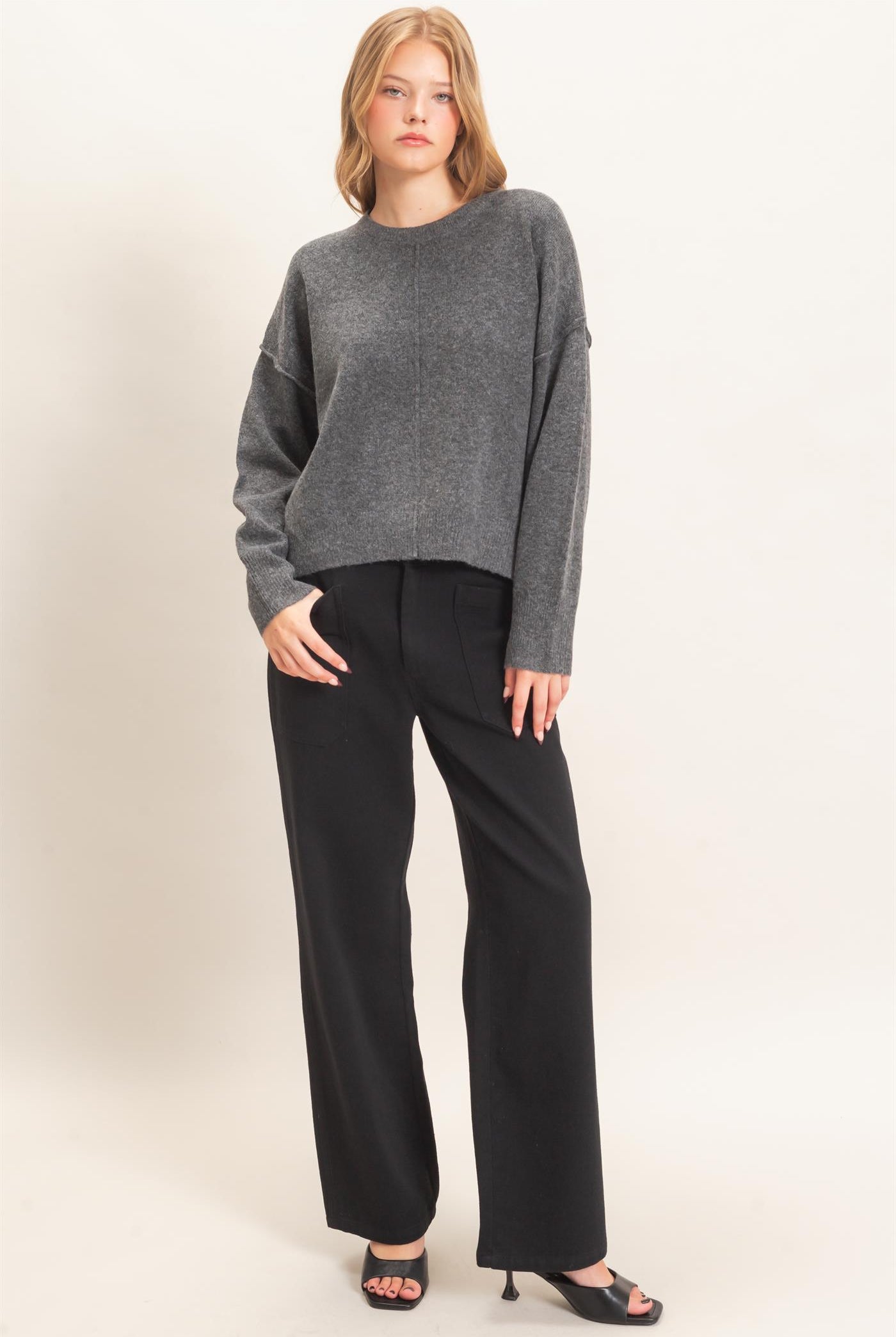 Wholesale Crew Neck Sweater With Ribbed Hem Sweaters HF26E203-D CHARCOAL HYFVE