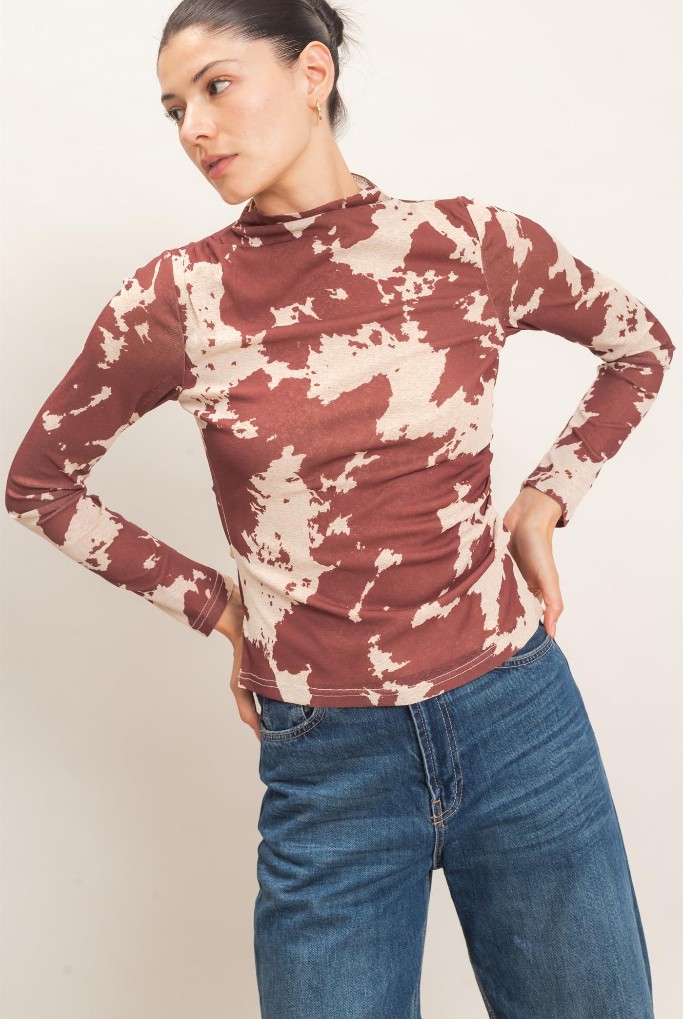 Wholesale Asymmetrical Cow Print Top Clothing Tops HF26E799 BROWN HYFVE