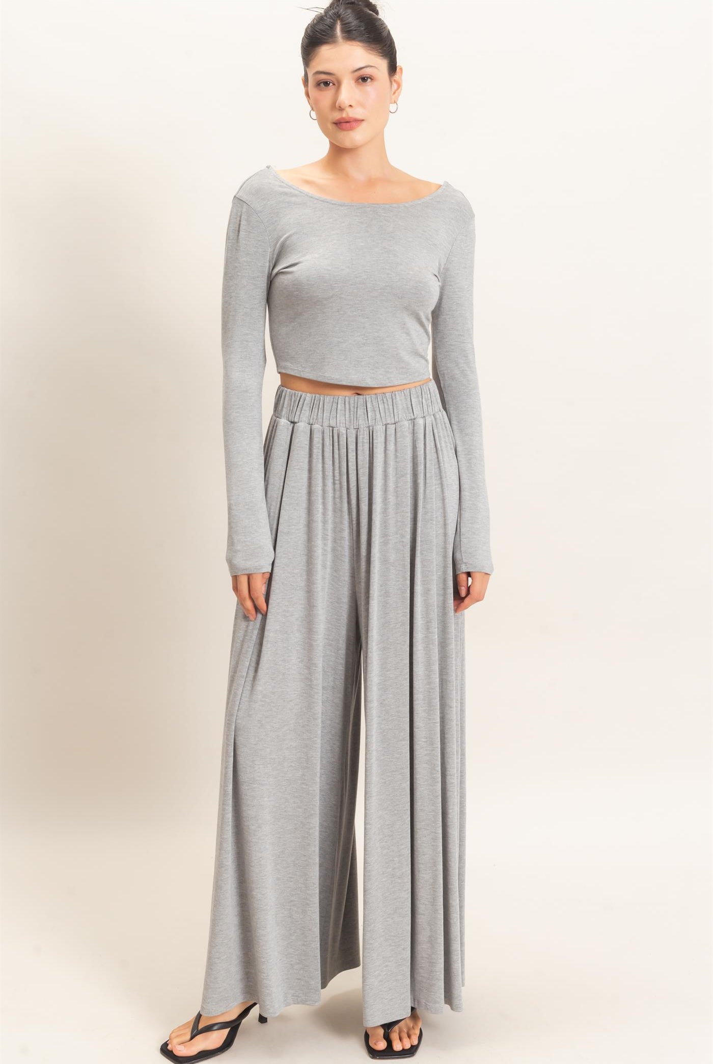 Wholesale Long Sleeve Top & Wide Leg Pants Set Clothing HF26F227-SET-D H.GRAY HYFVE