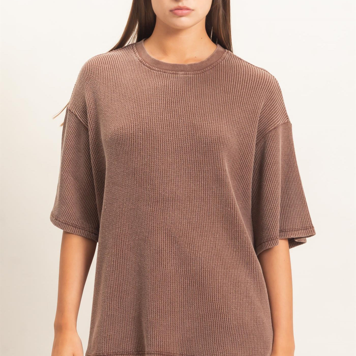 Wholesale Mineral Wash Waffle Crew Neck Short Sleeve Top Clothing Tops DZ26E328 DARK BROWN DOUBLE ZERO