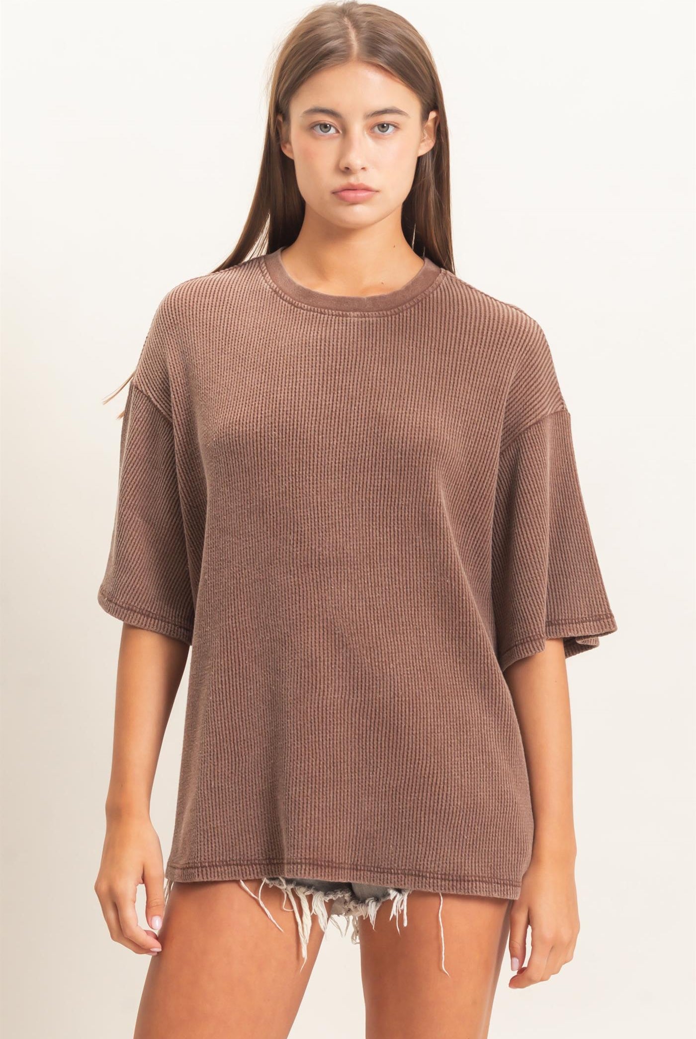 Wholesale Mineral Wash Waffle Crew Neck Short Sleeve Top Clothing Tops DZ26E328 DARK BROWN DOUBLE ZERO