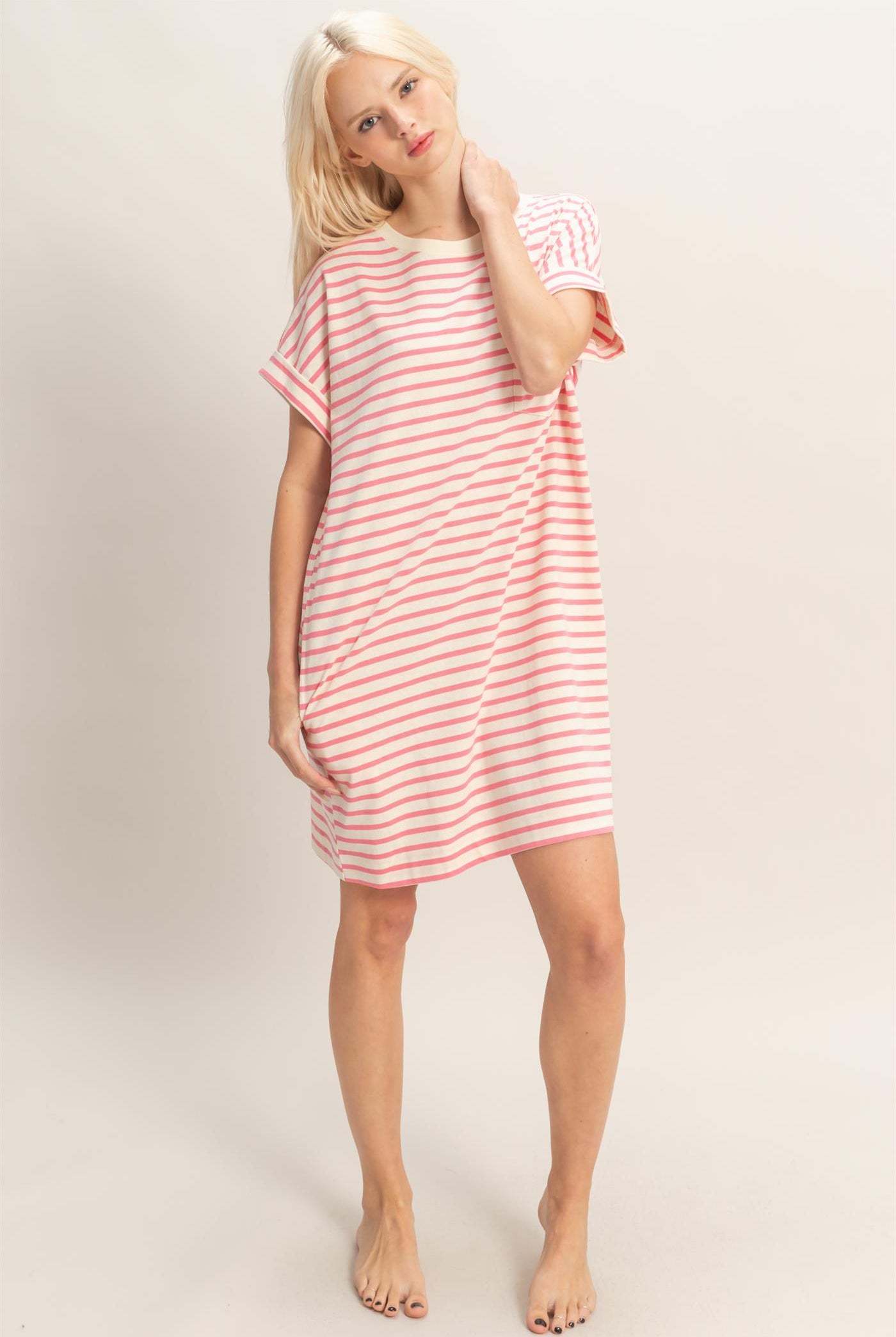 Wholesale Striped T-Shirt Mini Dress Dresses DZ26C067 PINK DOUBLE ZERO
