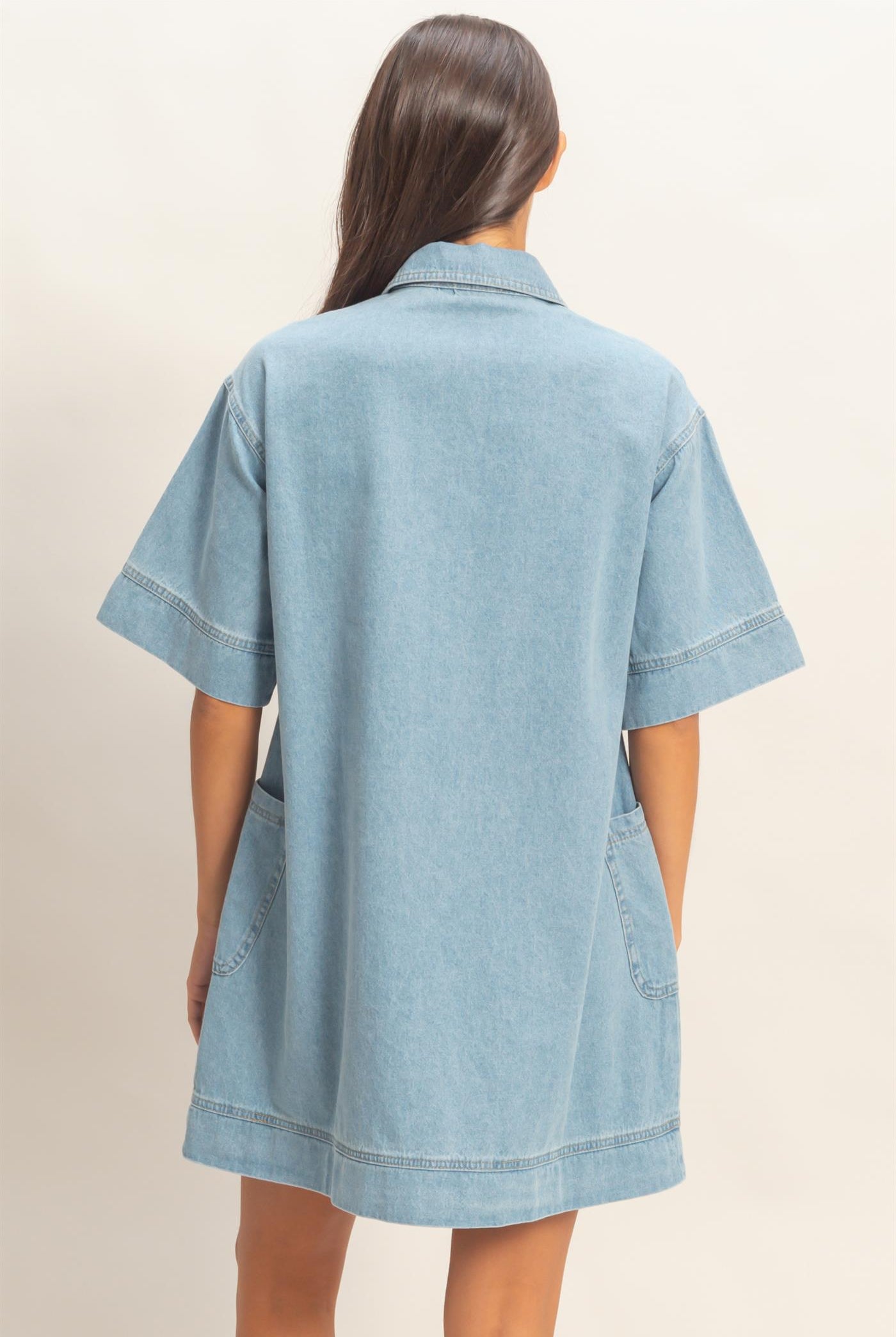 Wholesale Denim Collar Tunic Dress Dresses DZ25F163 LIGHT BLUE DOUBLE ZERO
