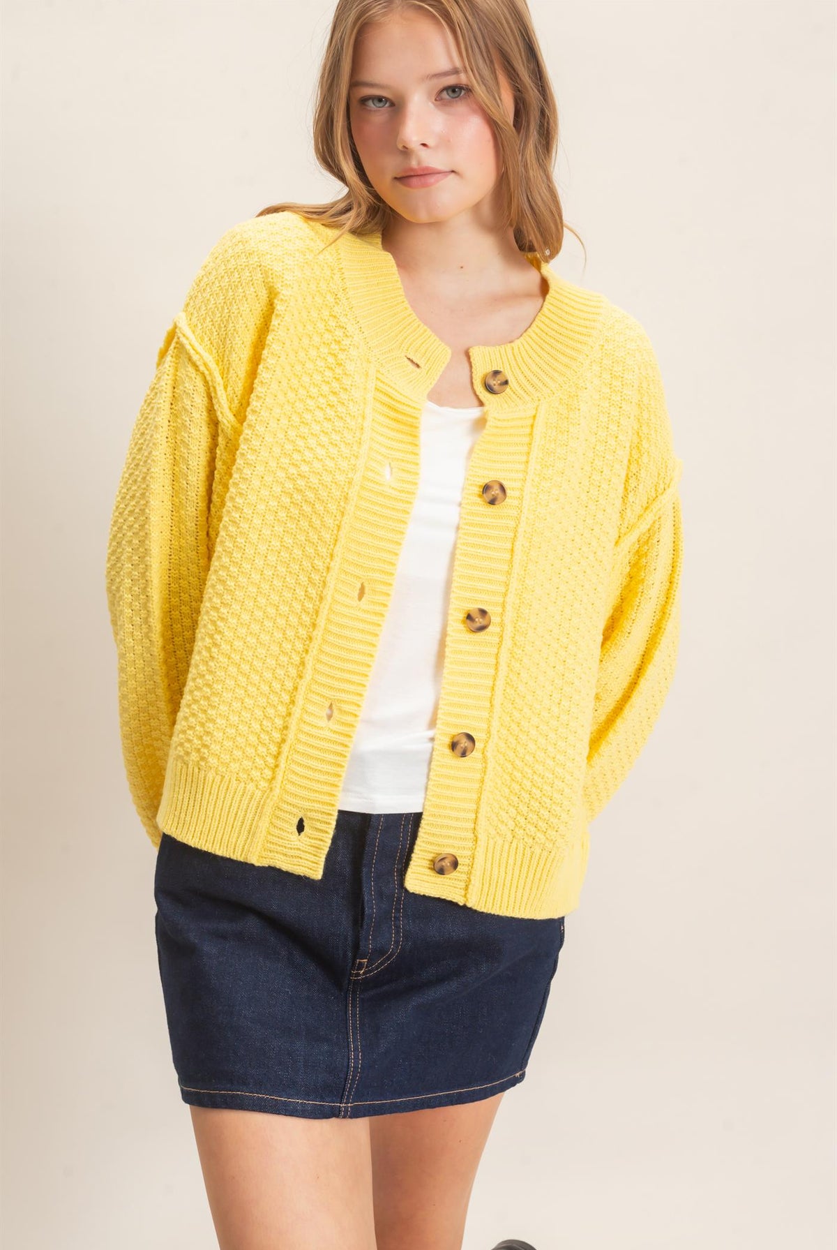 Wholesale Textured Knit Button-Front Cardigan Cardigans HF26C409 BUTTER YELLOW HYFVE