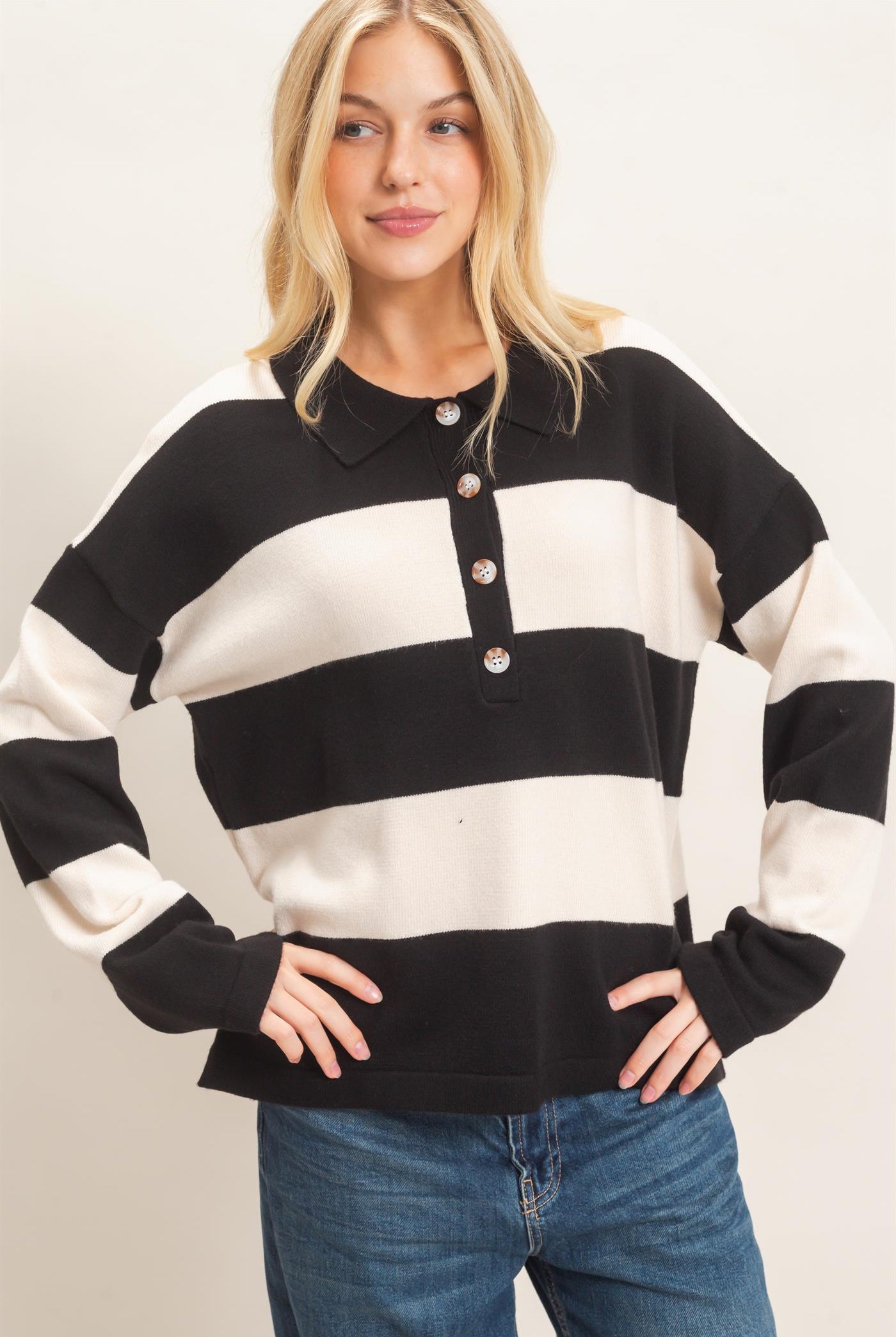 Wholesale Striped Button-Up Sweater Sweaters HF26F198 BLACK HYFVE