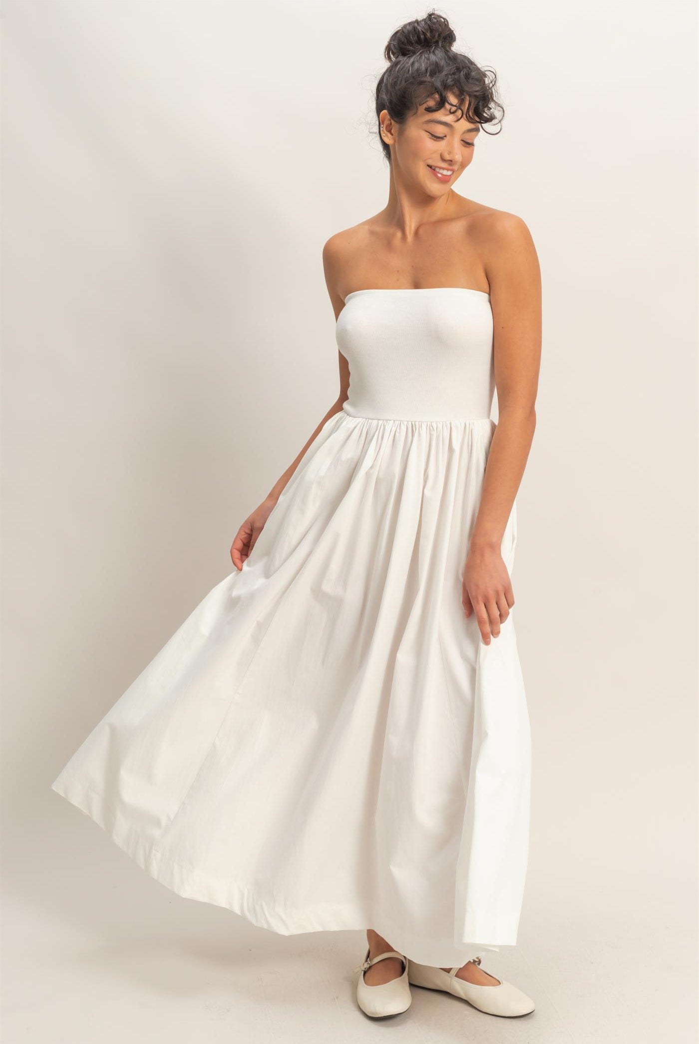 Wholesale Strapless Flowy Midi Dress Dresses DZ26A744 WHITE DOUBLE ZERO
