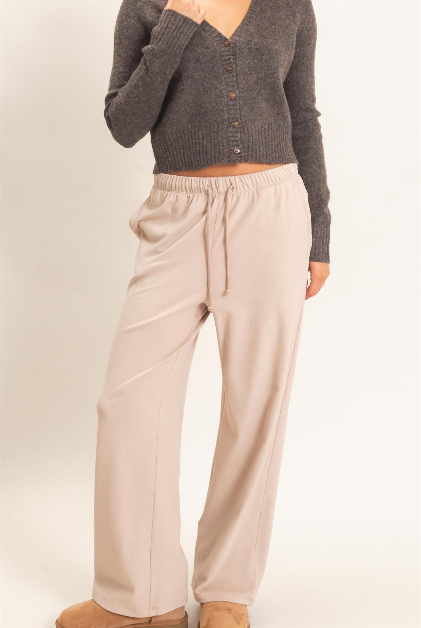 Wholesale Wide Leg Pants With Drawcord Pants DZ26E288 TAUPE DOUBLE ZERO