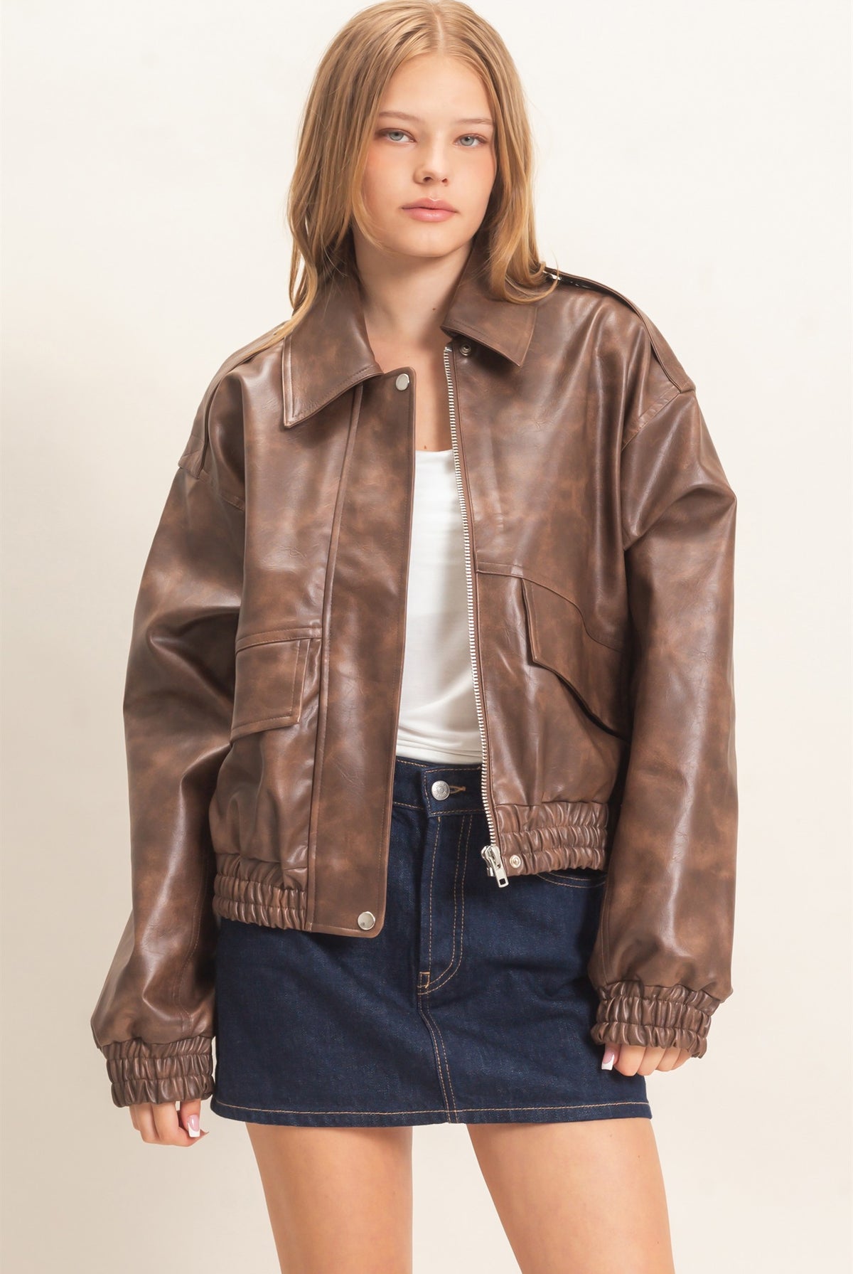 Wholesale Faux Leather Collared Bomber Jacket Bomber Jackets HF26C847 BROWN HYFVE