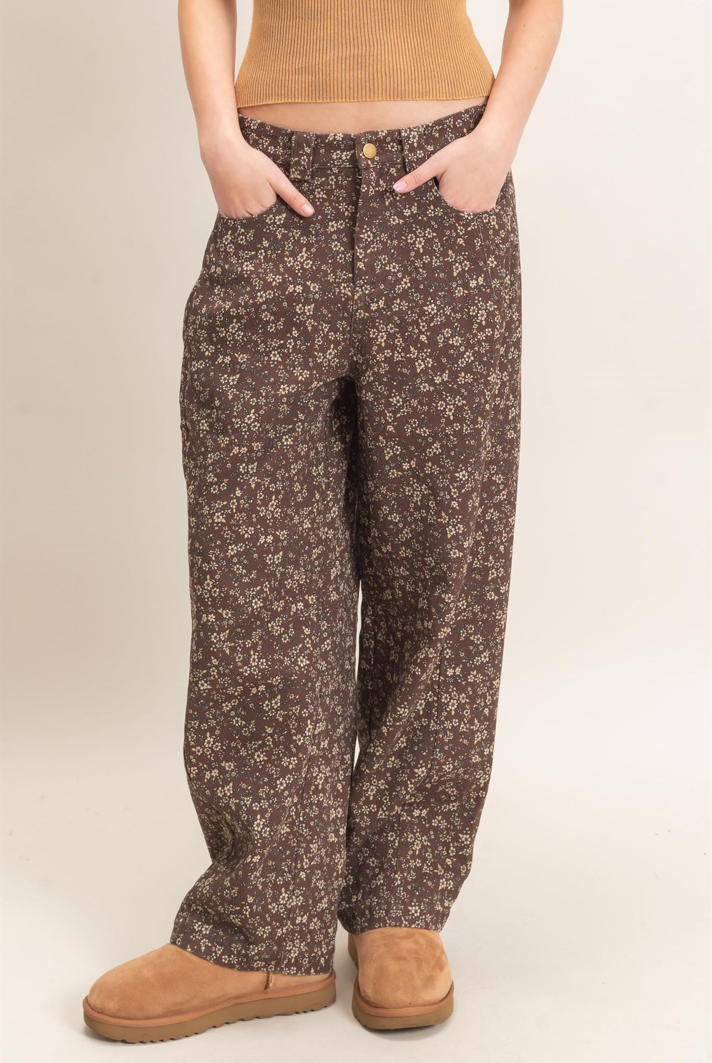 Wholesale Floral Print Garment Wash Barrel Pants Pants HF26C840 CHESTNUT HYFVE