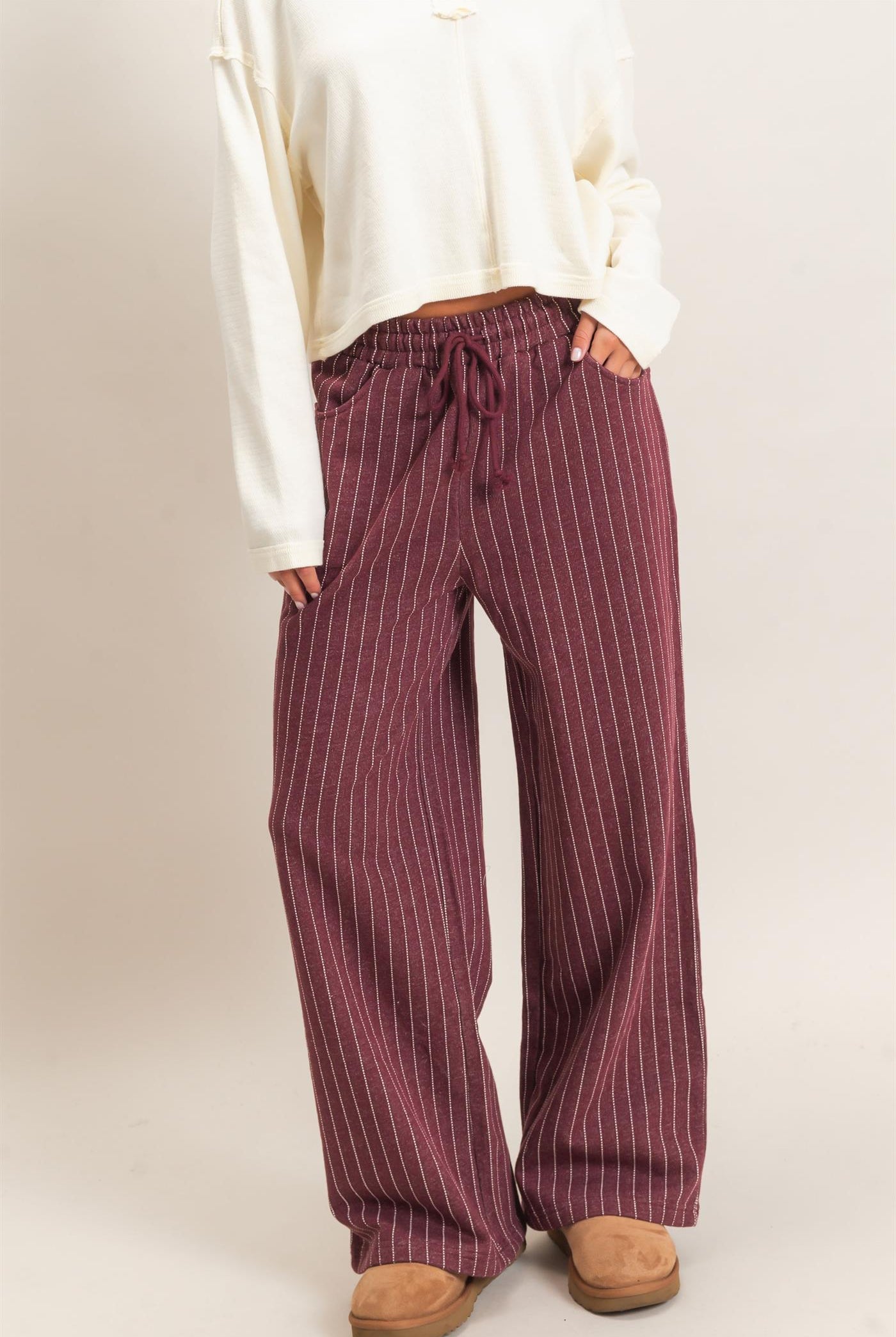 Wholesale Pinstripe Elastic Waist Sweatpants Pants DZ26A813 DARK CHERRY DOUBLE ZERO