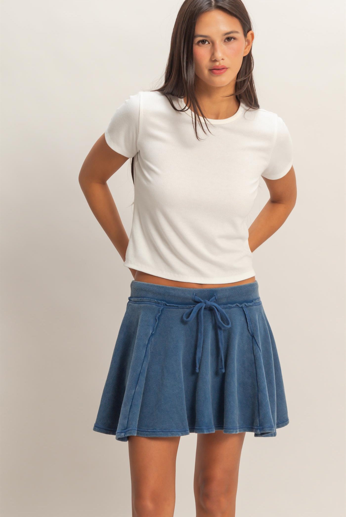 Wholesale Acid Washed Mid Wiast Flowy Skort Skorts DZ26A928 NAVY DOUBLE ZERO