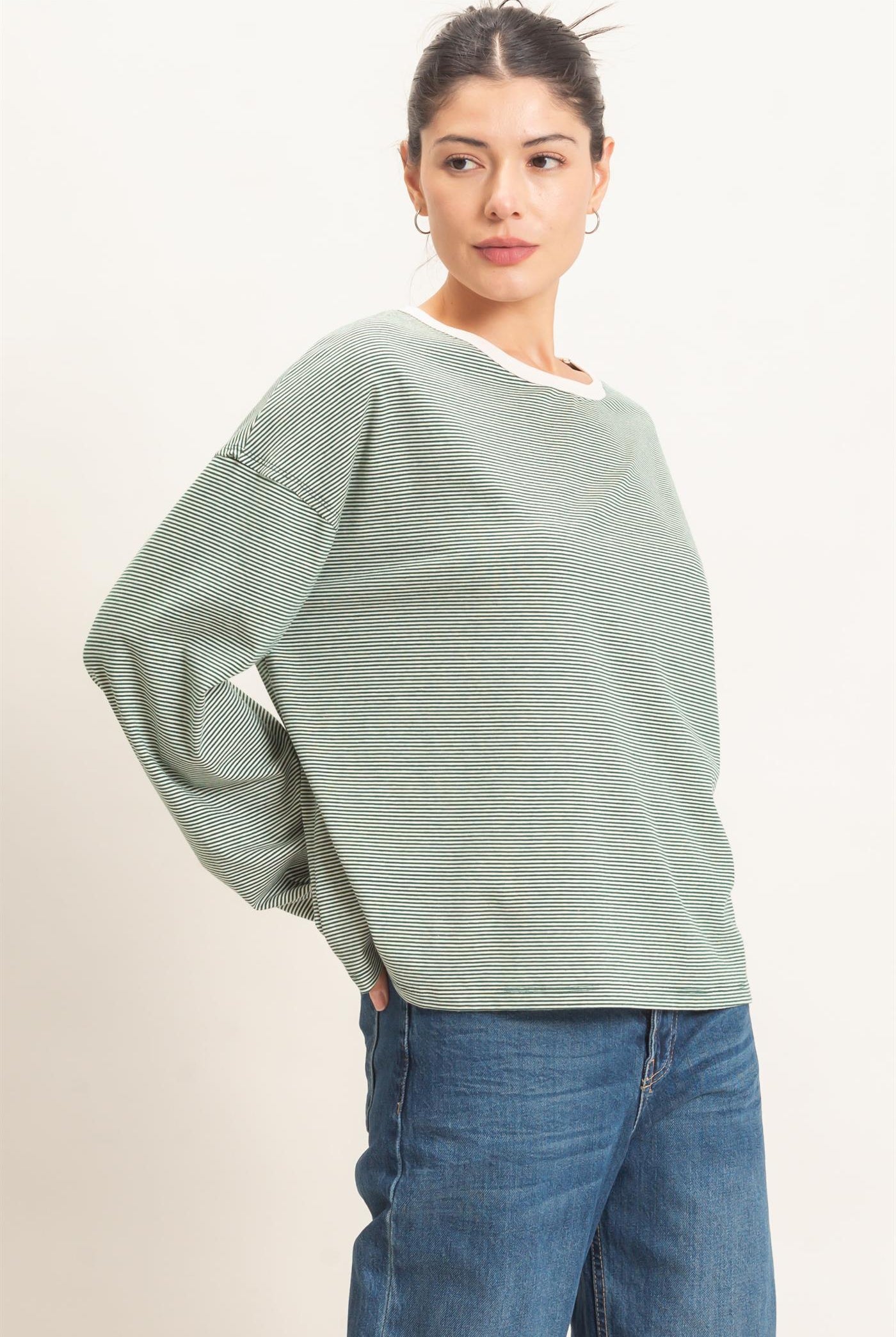 Wholesale Striped Boat Neck Long Sleeve Top Clothing Tops HF26E674 GREEN HYFVE