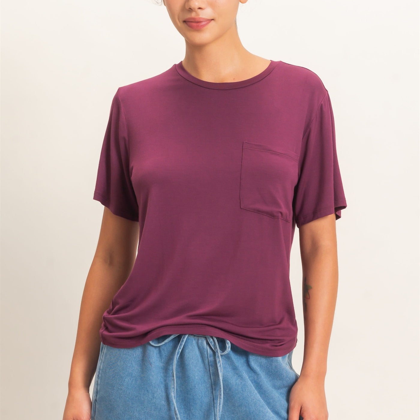 Wholesale Crew Neck Pocket Tee Clothing Tops DZ26E254 DARK CHERRY DOUBLE ZERO