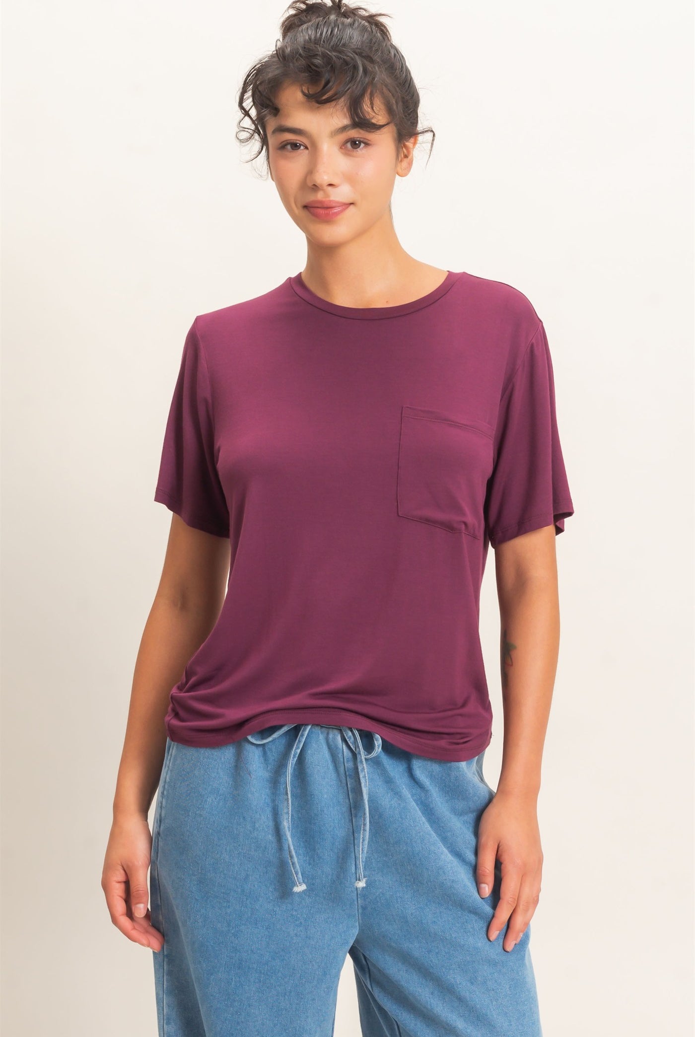 Wholesale Crew Neck Pocket Tee Clothing Tops DZ26E254 DARK CHERRY DOUBLE ZERO