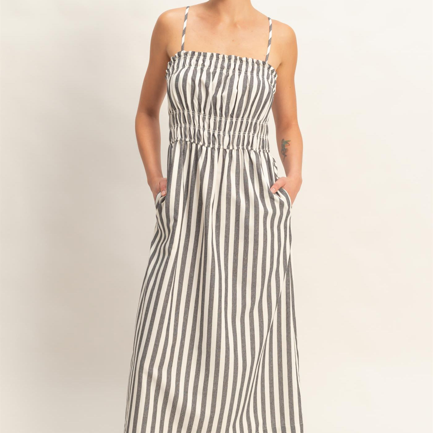 Wholesale Striped Spaghetti Strap Smocking Midi Dress Dresses DZ26C191 BLACK DOUBLE ZERO