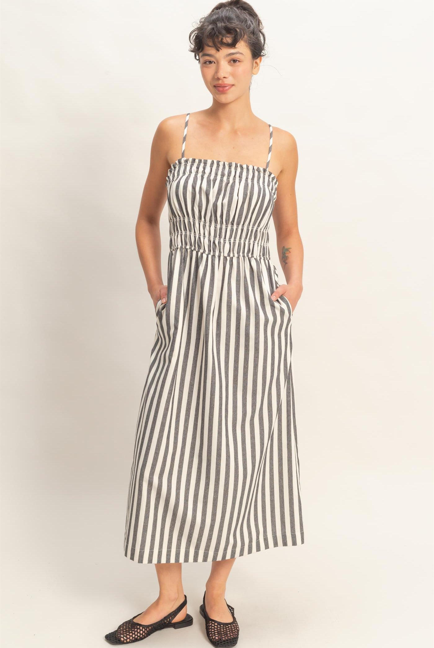 Wholesale Striped Spaghetti Strap Smocking Midi Dress Dresses DZ26C191 BLACK DOUBLE ZERO