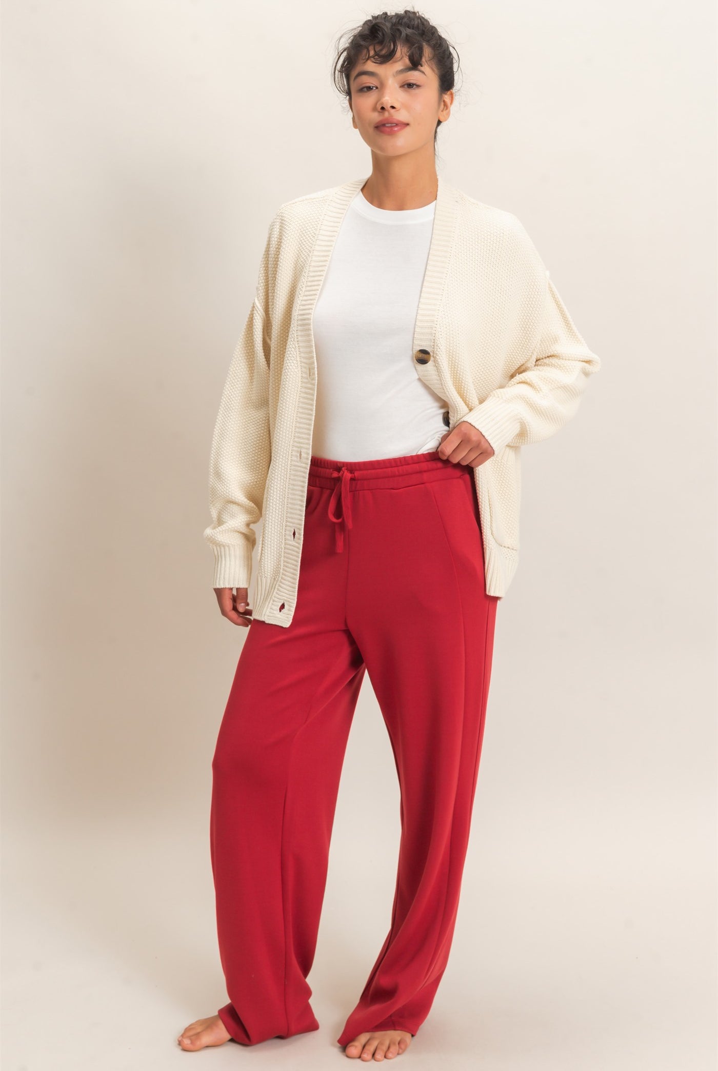 Wholesale Elastic Waist Straight Leg Pants Pants DZ26C969 DARK RED DOUBLE ZERO