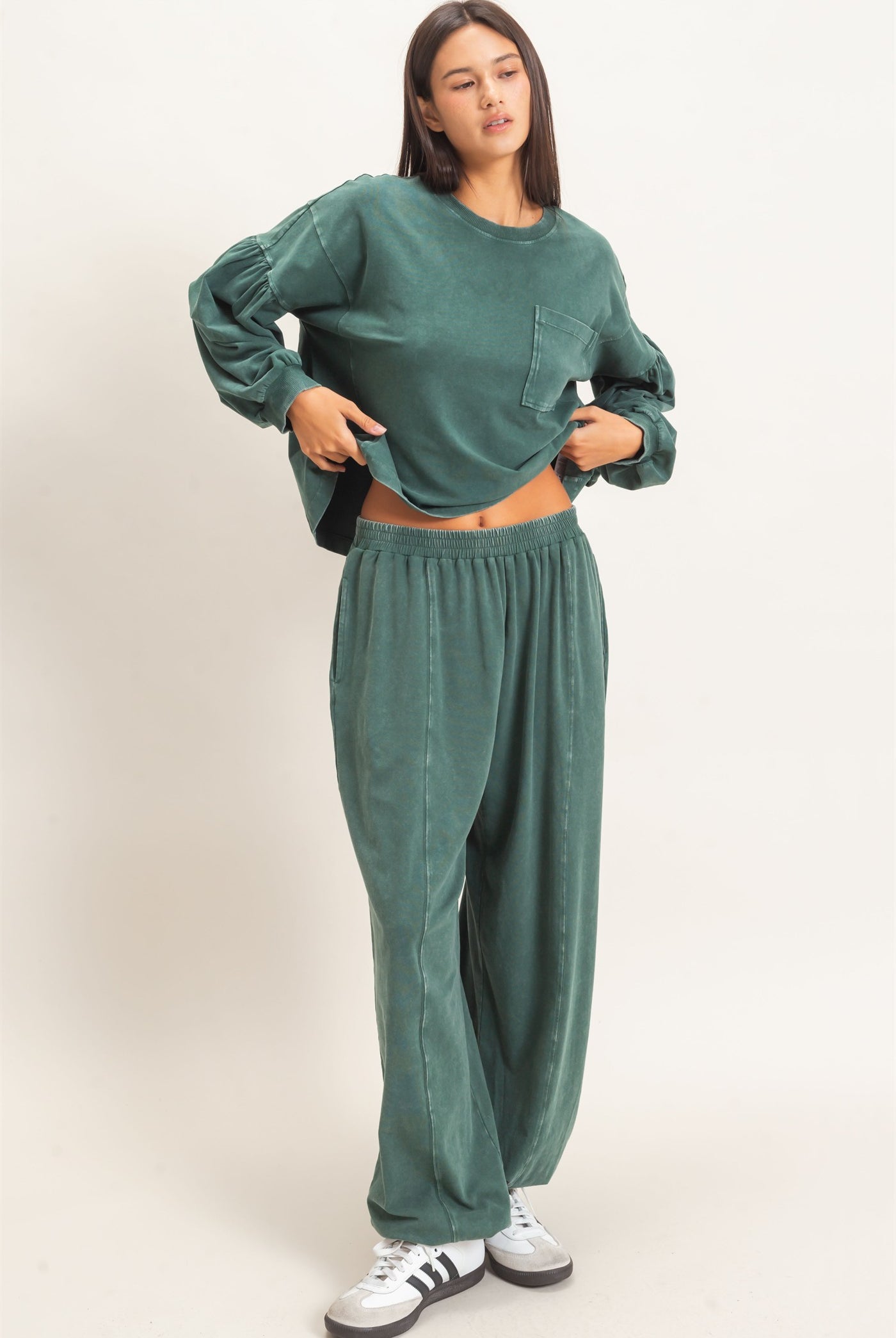 Wholesale Mineral Wash Puff Long Sleeve Boxy Top Clothing Tops DZ26F402 DARK GREEN DOUBLE ZERO