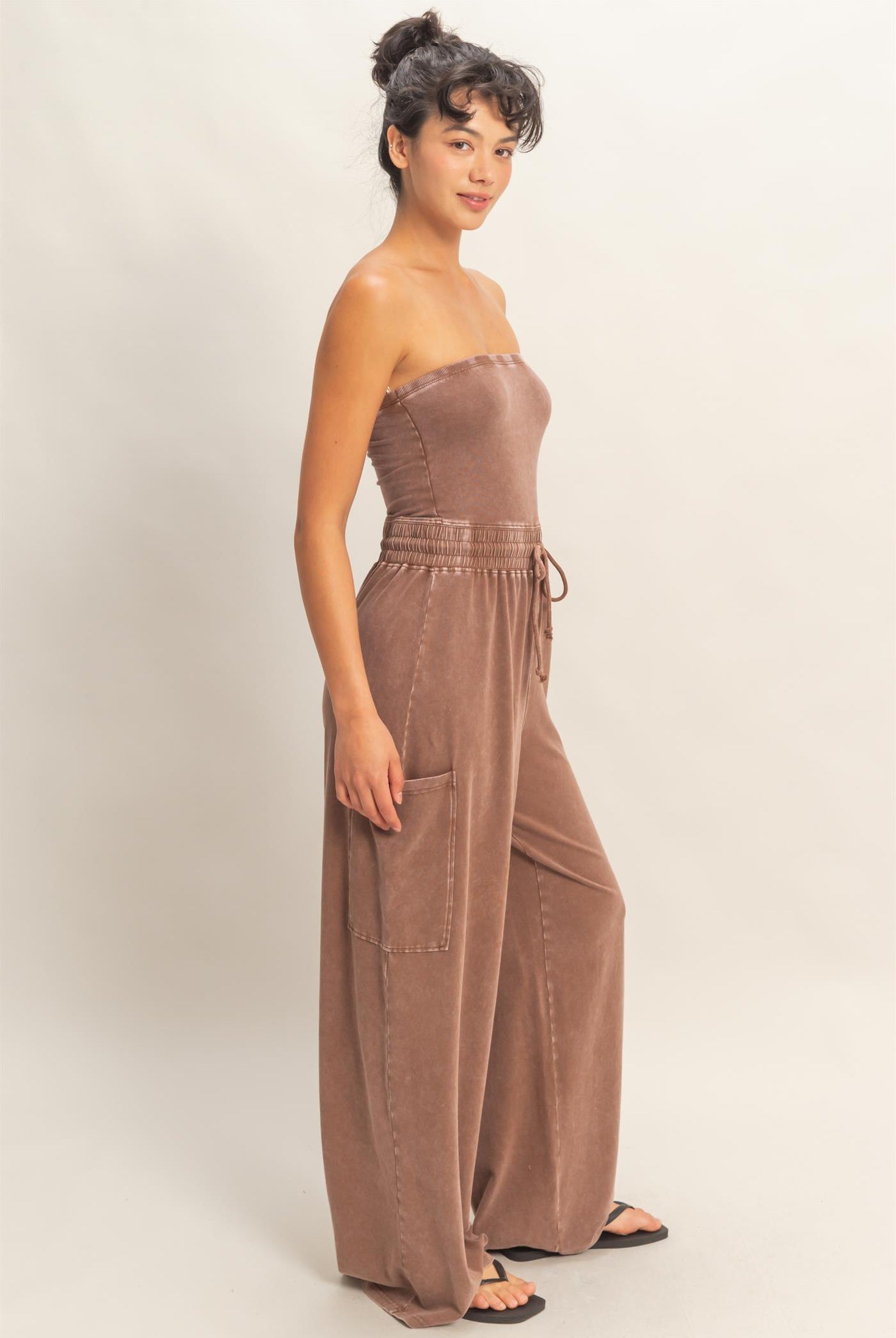 Wholesale Mineral Wash Strapless Wide-Leg Jumpsuit Clothing DZ26C376 CHOCOLATE DOUBLE ZERO
