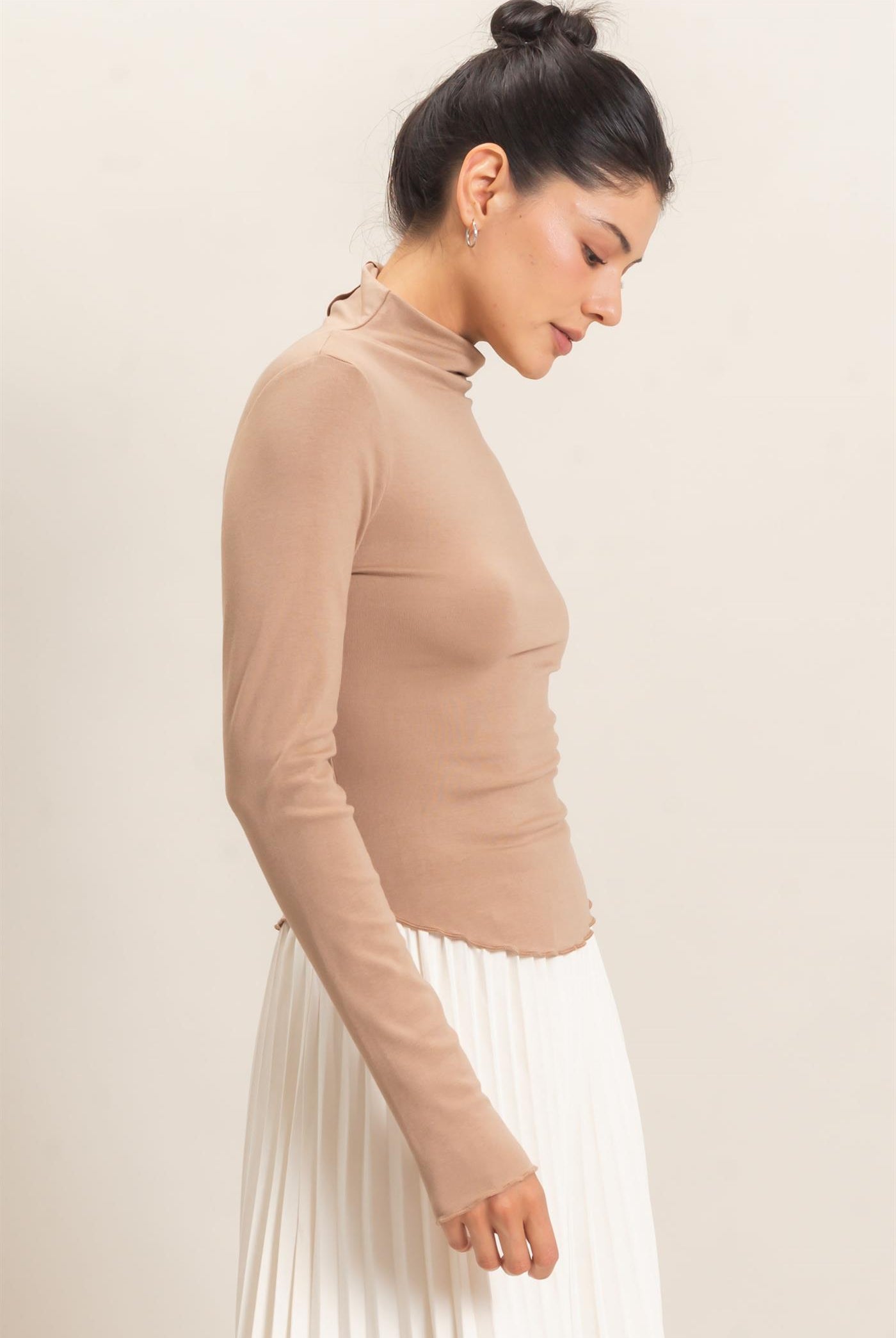 Wholesale Long Sleeve Lettuce Hem Top Clothing Tops HF26F122 LIGHT BROWN HYFVE
