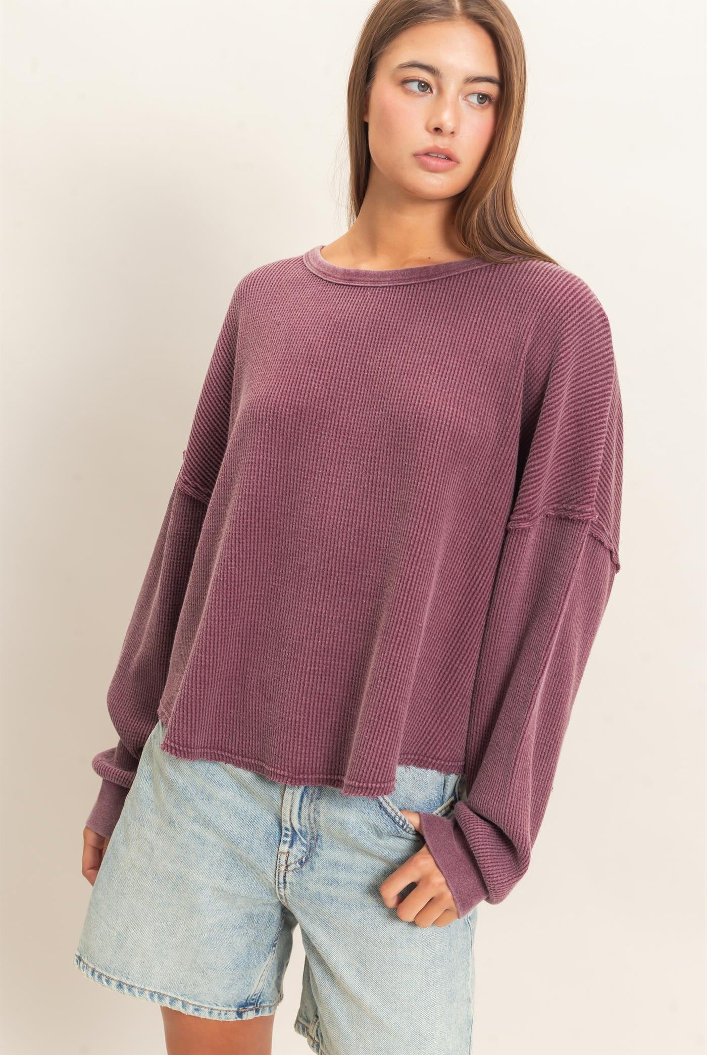 Wholesale Mineral Wash Waffle Oversized Top Clothing Tops DZ26E248 DARK CHERRY DOUBLE ZERO