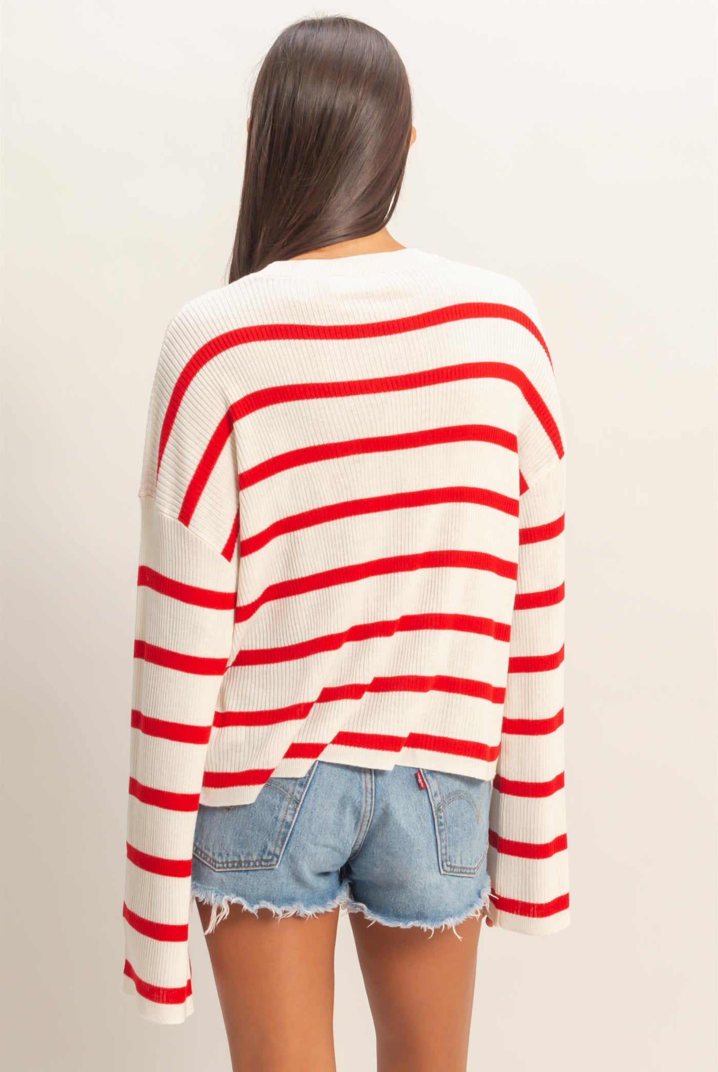 Wholesale Lightweight Wide-Sleeve Striped Sweater Clothing Tops DZ26A329 RED DOUBLE ZERO