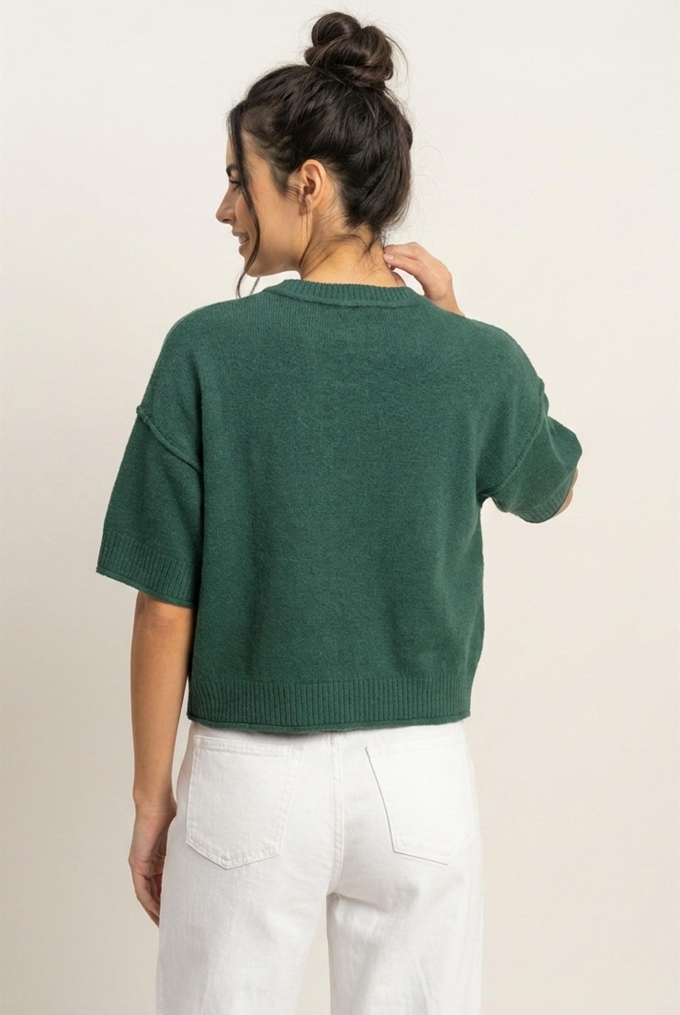 Wholesale Seam Detail Short Sleeve Knit Top Clothing Tops DZ26A827 DARK GREEN DOUBLE ZERO
