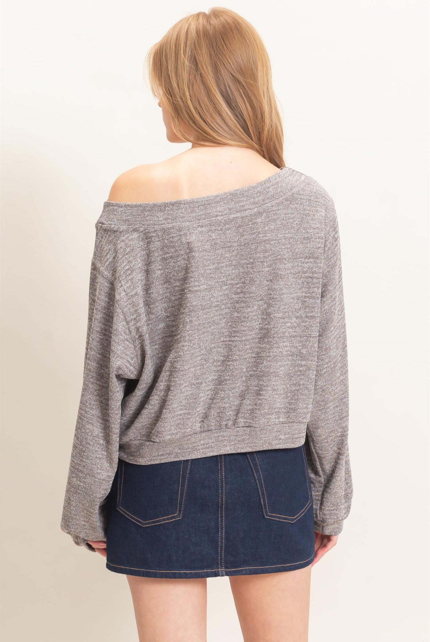 Wholesale Off Shoulder Knit Sweatshirt Blouses HF26F028 CHARCOAL HYFVE