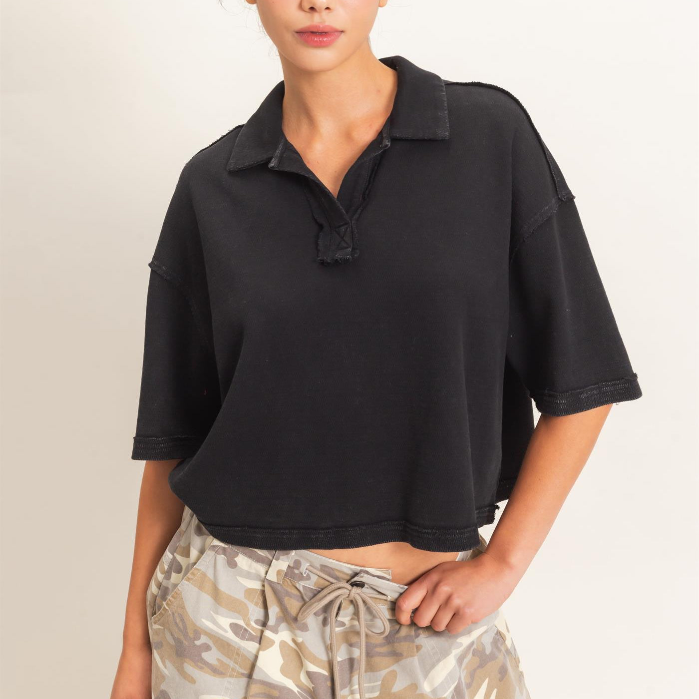 Wholesale Mineral Wash Oversized Collar Short Sleeve Top Clothing Tops DZ26E813 BLACK DOUBLE ZERO