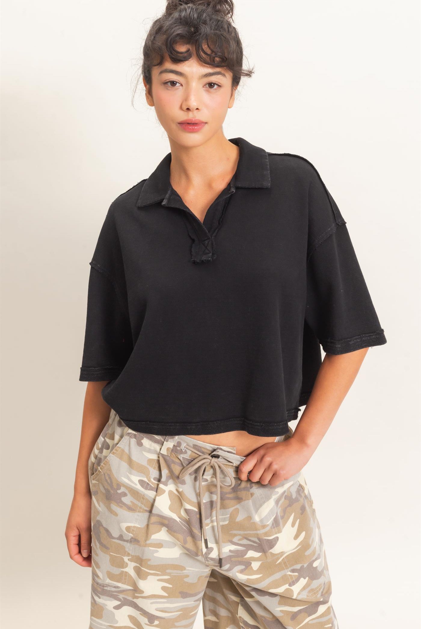 Wholesale Mineral Wash Oversized Collar Short Sleeve Top Clothing Tops DZ26E813 BLACK DOUBLE ZERO