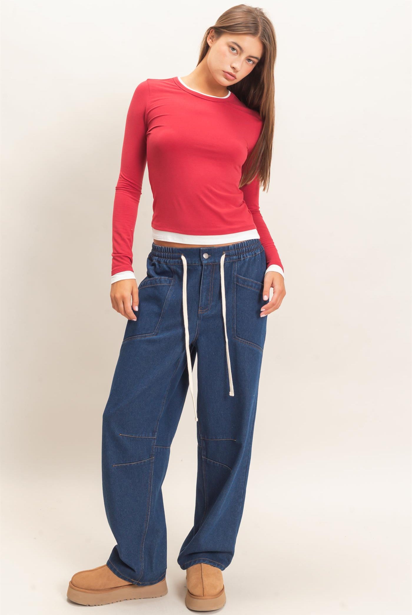 Wholesale Layered Effect Long Sleeve Top Clothing Tops DZ26F341 DARK RED DOUBLE ZERO