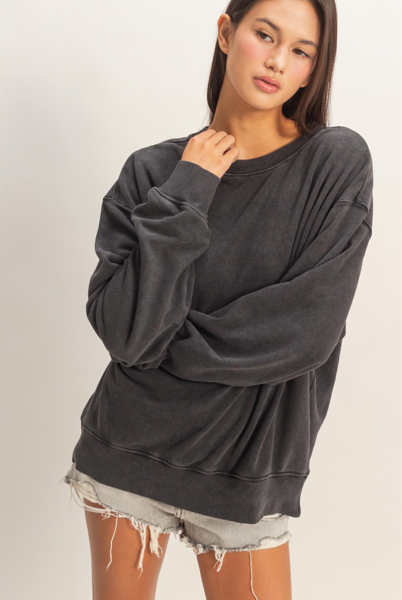 Wholesale Mineral Washed Crew Neck Sweatshirt Sweatshirts DZ26A262 BLACK DOUBLE ZERO