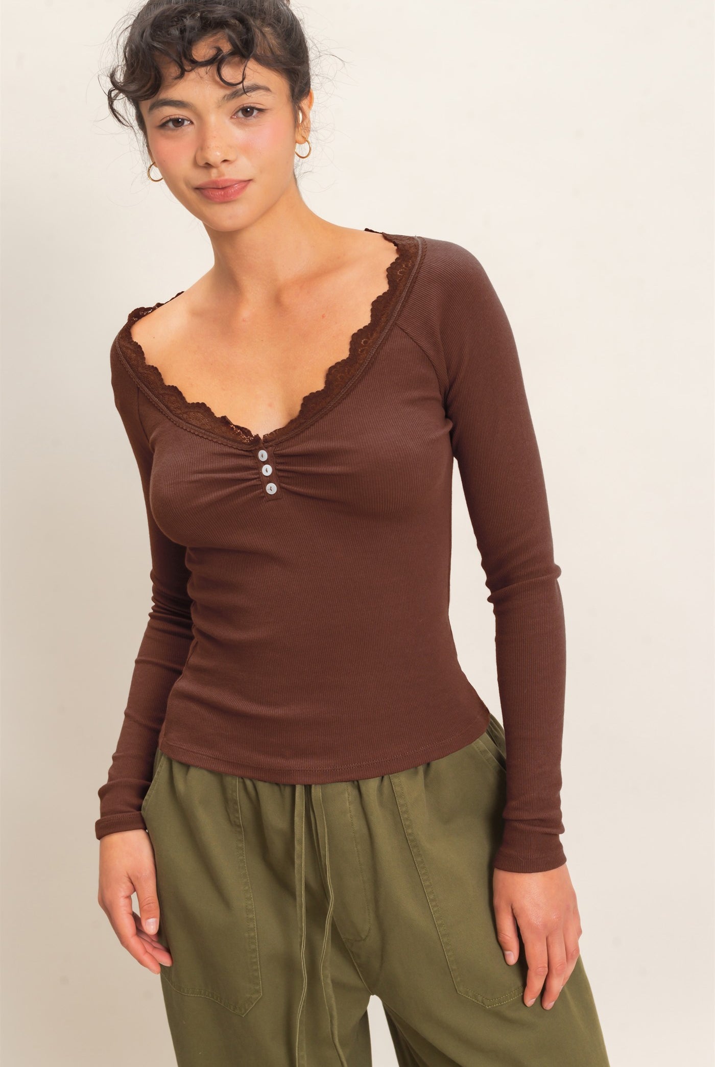 Wholesale Lace-Trim Henley Top Clothing Tops DZ26E325 DARK BROWN DOUBLE ZERO
