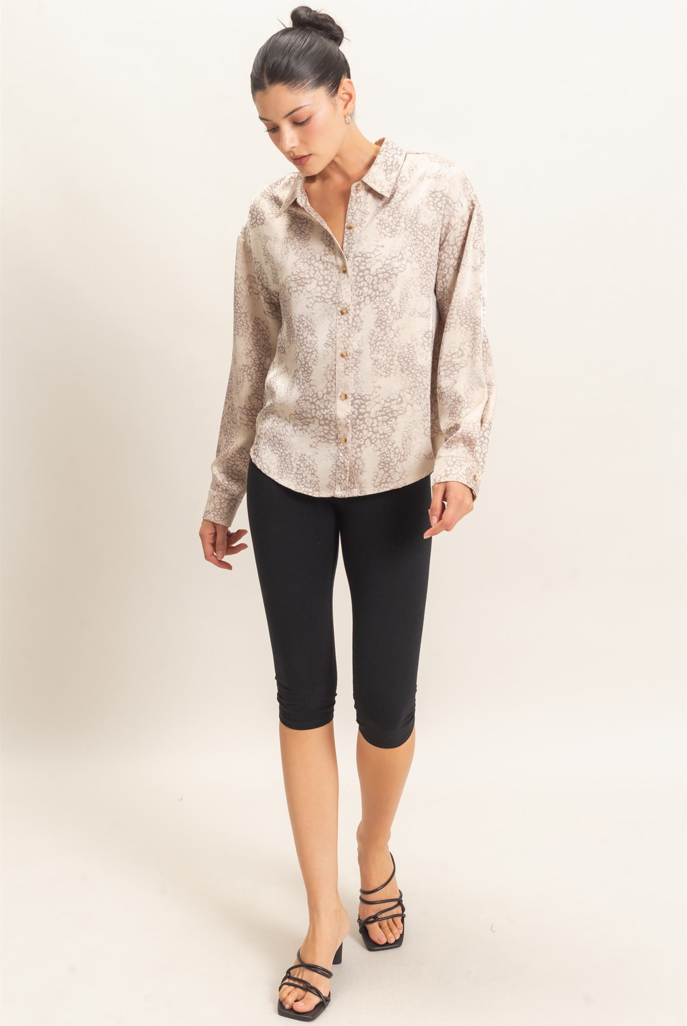 Wholesale Leopard Satin Button-Up Shirt Clothing Tops HF26E159 TAUPE HYFVE