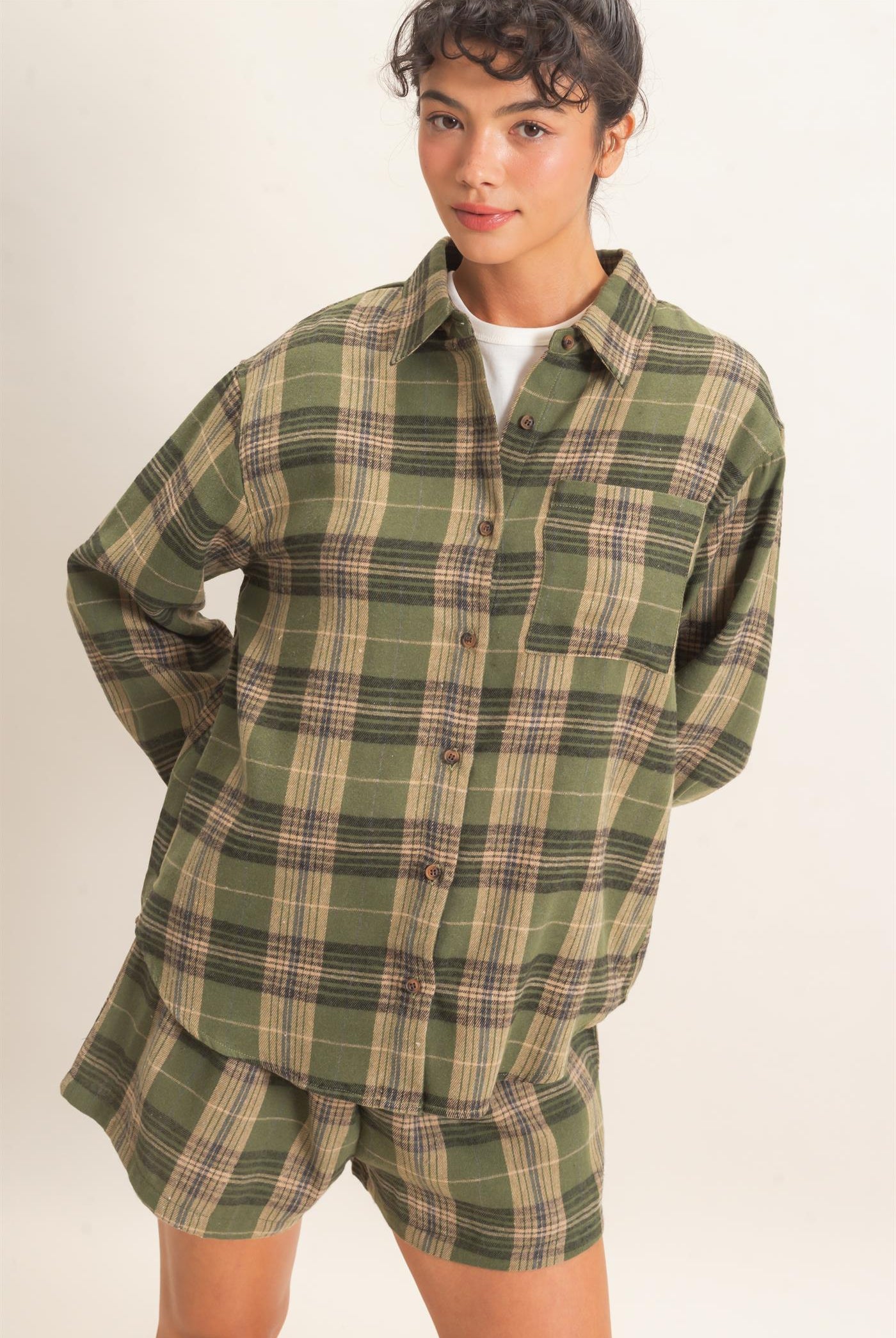 Wholesale Plaid Long Sleeve Shirt Shirts DZ26F275 OLIVE DOUBLE ZERO