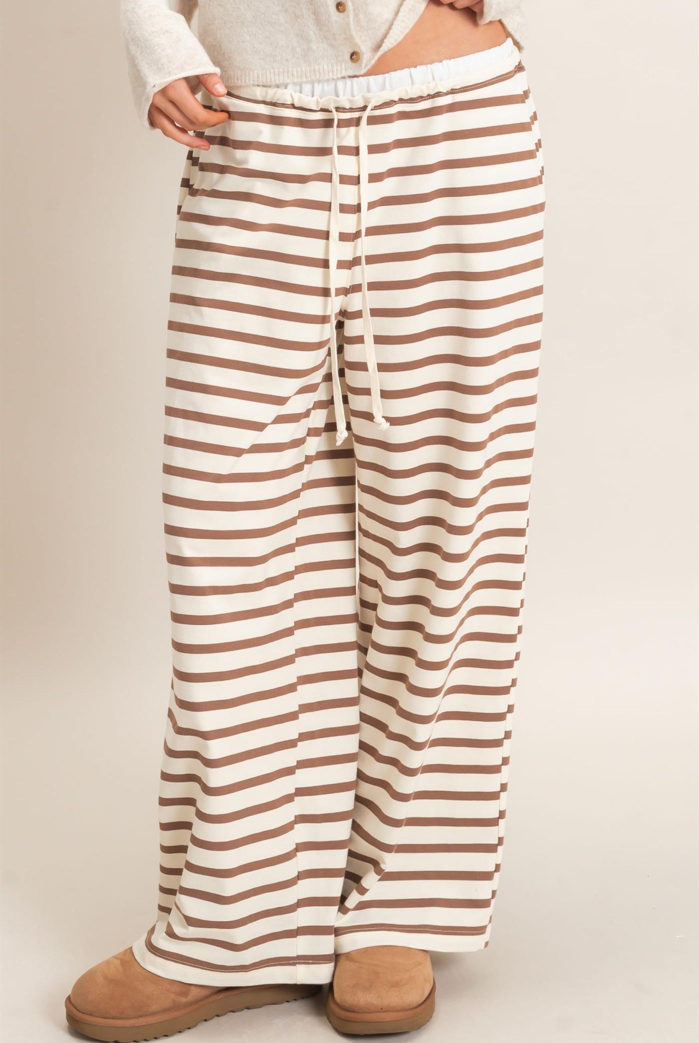 Wholesale Striped Wide-Leg Pants Pants HF26F229-D CREAM/ BROWN HYFVE
