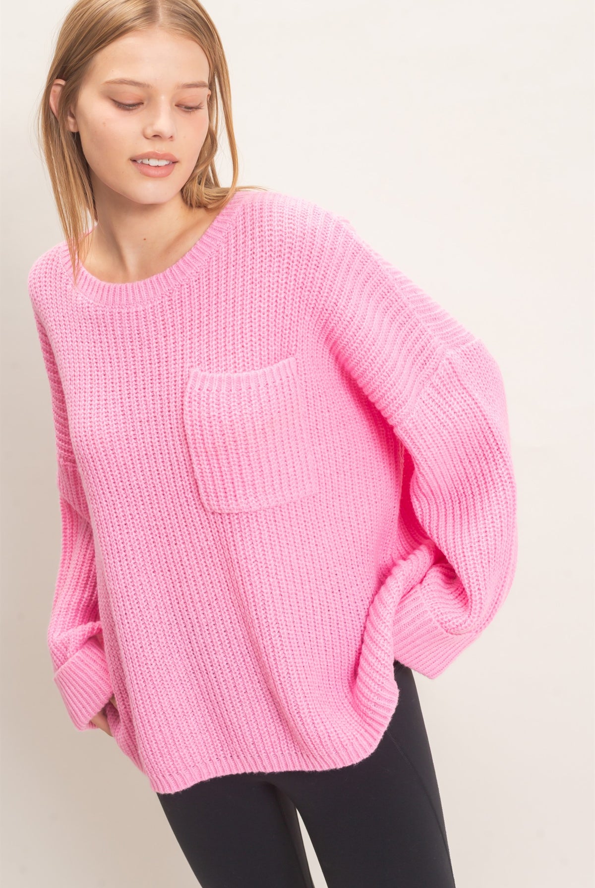 Wholesale Ribbed Knit Patch Pocket Sweater Sweaters HF26F177 PINK HYFVE