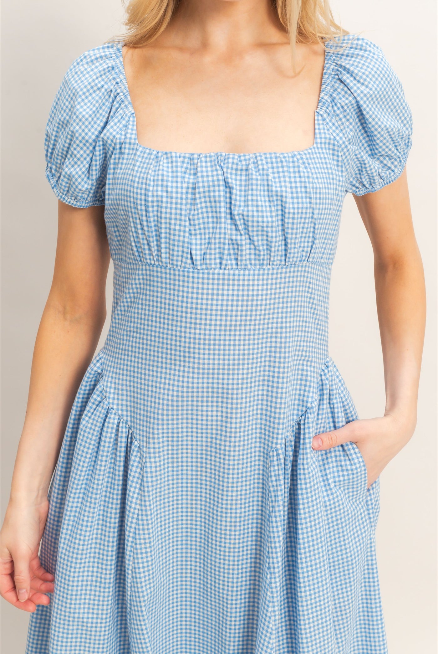 Wholesale Gingham Puff Sleeve Dress Dresses HF26A321 BLUE HYFVE