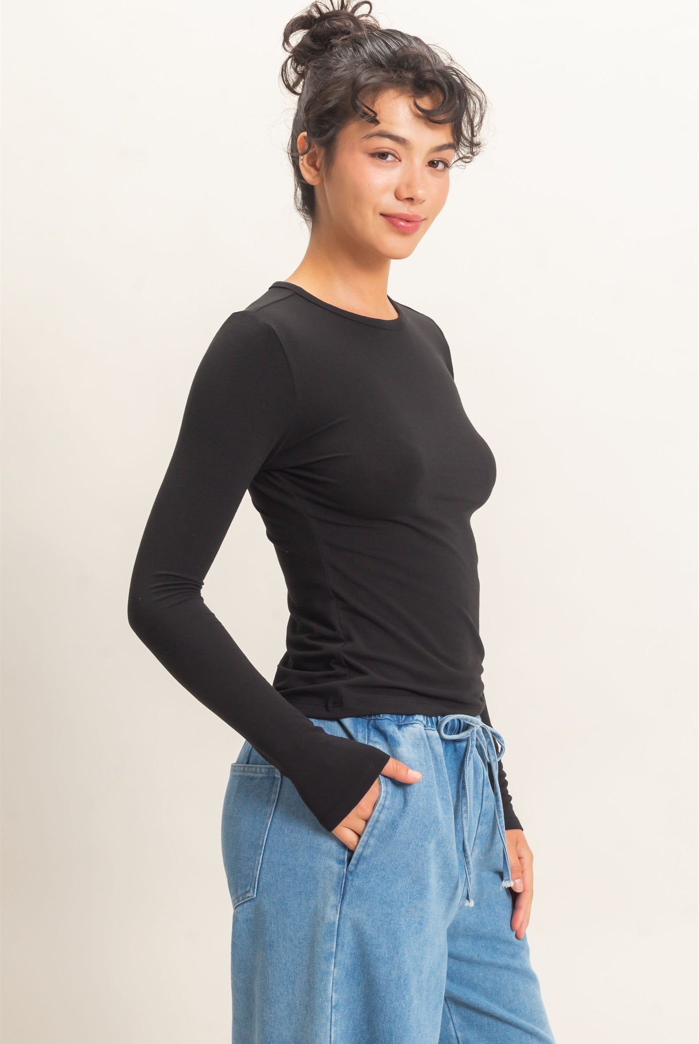 Wholesale Crew Neck Long Sleeve Top Clothing Tops DZ26E258 BLACK DOUBLE ZERO