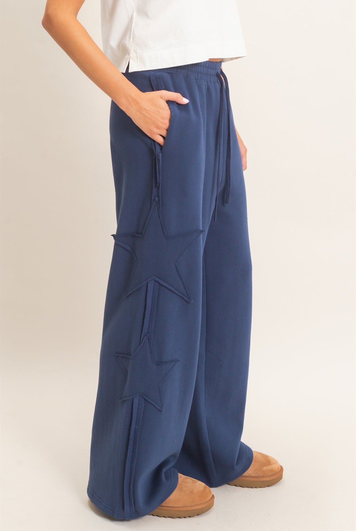 Wholesale French Terry Star Patch Sweatpants Pants DZ27A197 NAVY DOUBLE ZERO