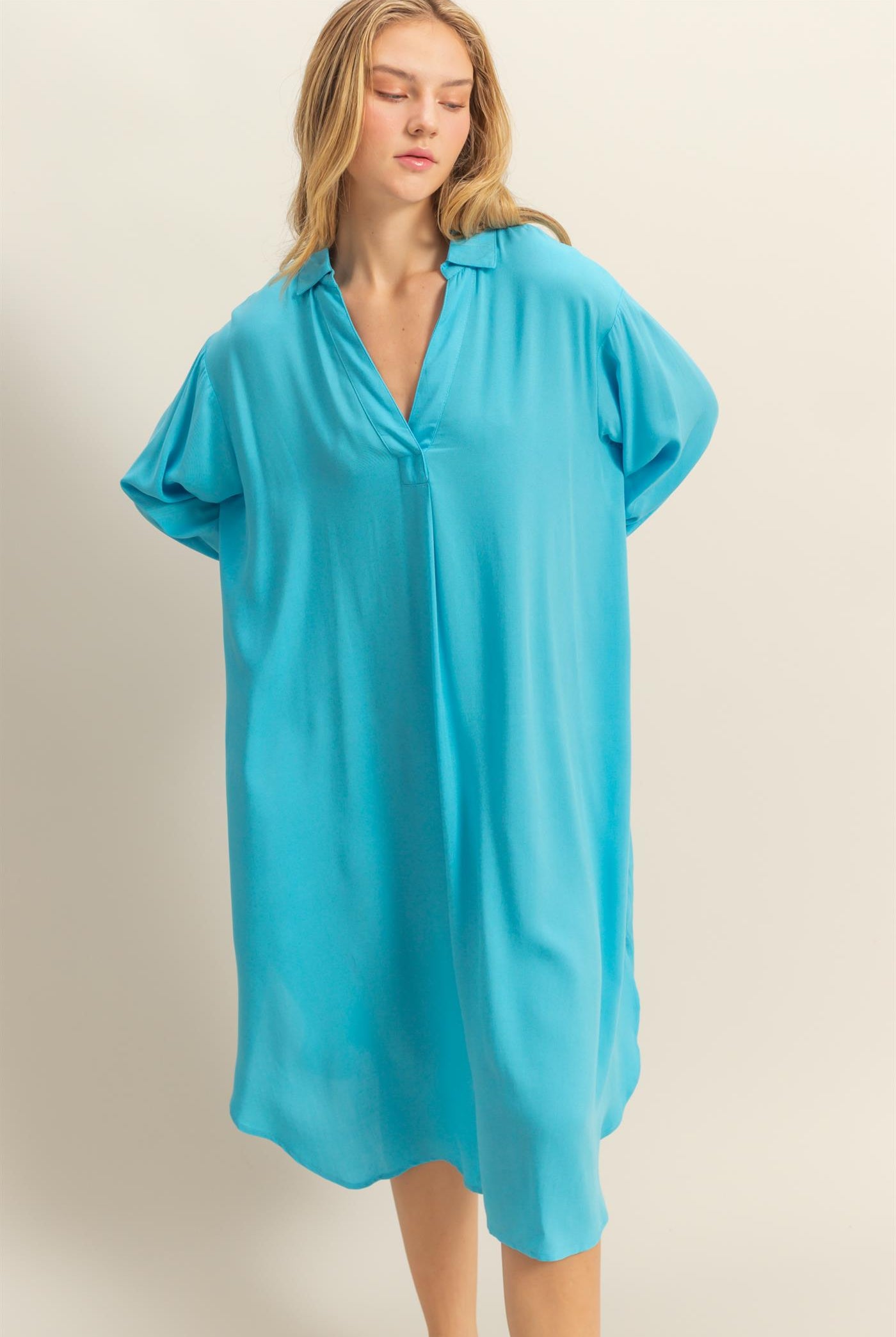 Wholesale V-Neck Long Sleeved Midi Shirts Dress Dresses DZ24E706 AQUA BLUE DOUBLE ZERO