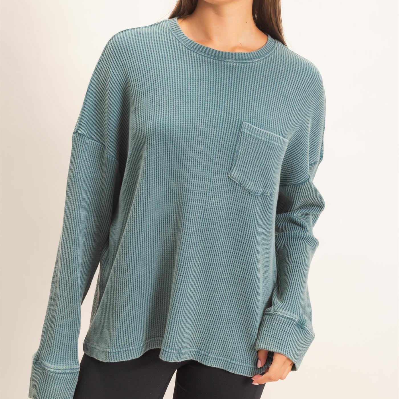 Wholesale Mineral Wash Waffle Long Sleeve Top Clothing Tops DZ26F242 DARK TEAL DOUBLE ZERO