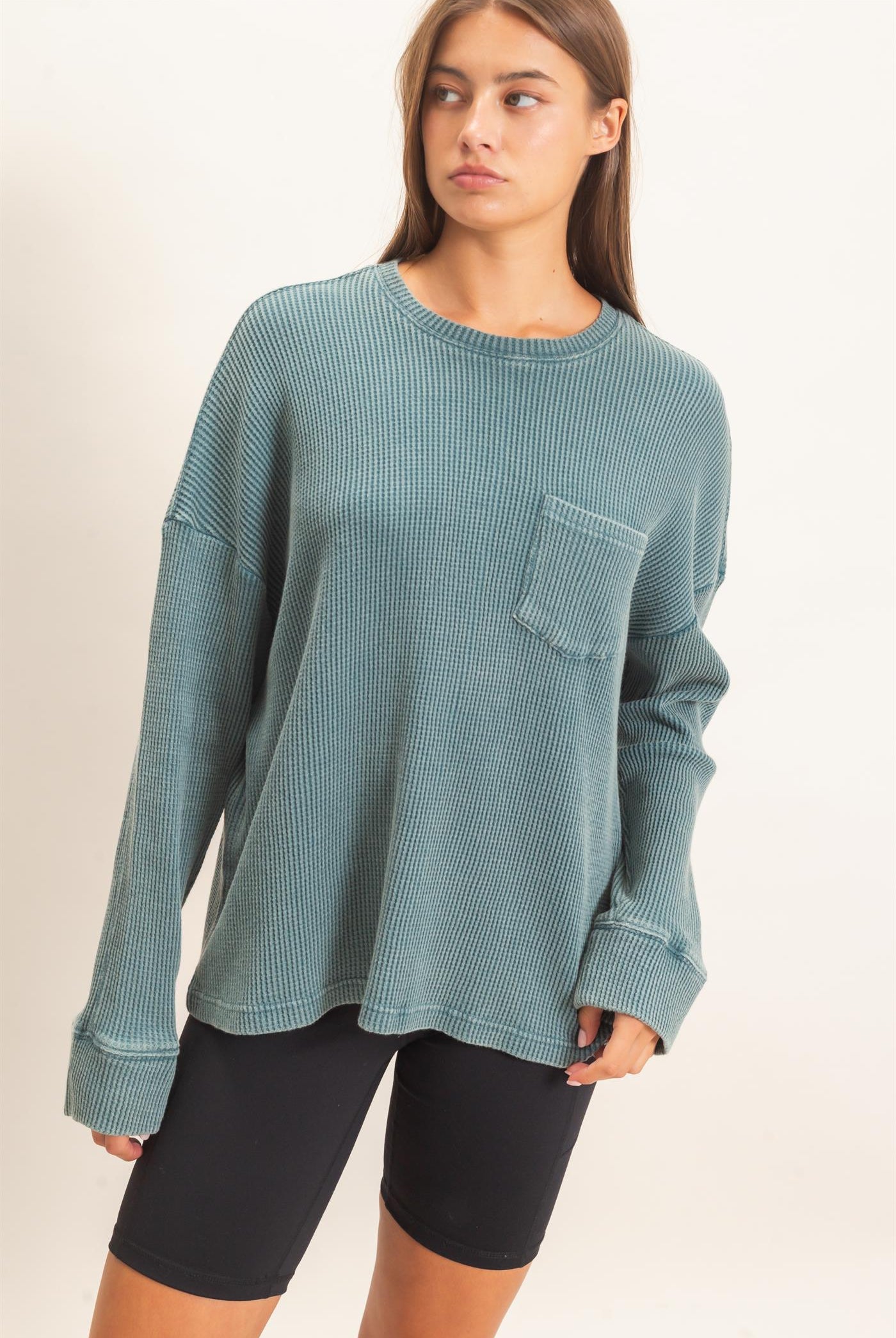 Wholesale Mineral Wash Waffle Long Sleeve Top Clothing Tops DZ26F242 DARK TEAL DOUBLE ZERO