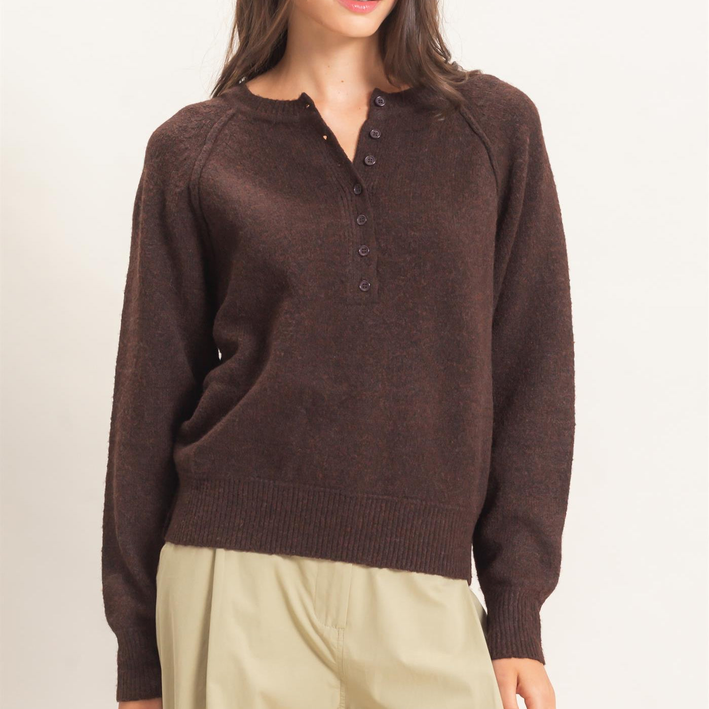 Wholesale Button Front Raglan Sweater Sweaters HF26E152 BROWN HYFVE