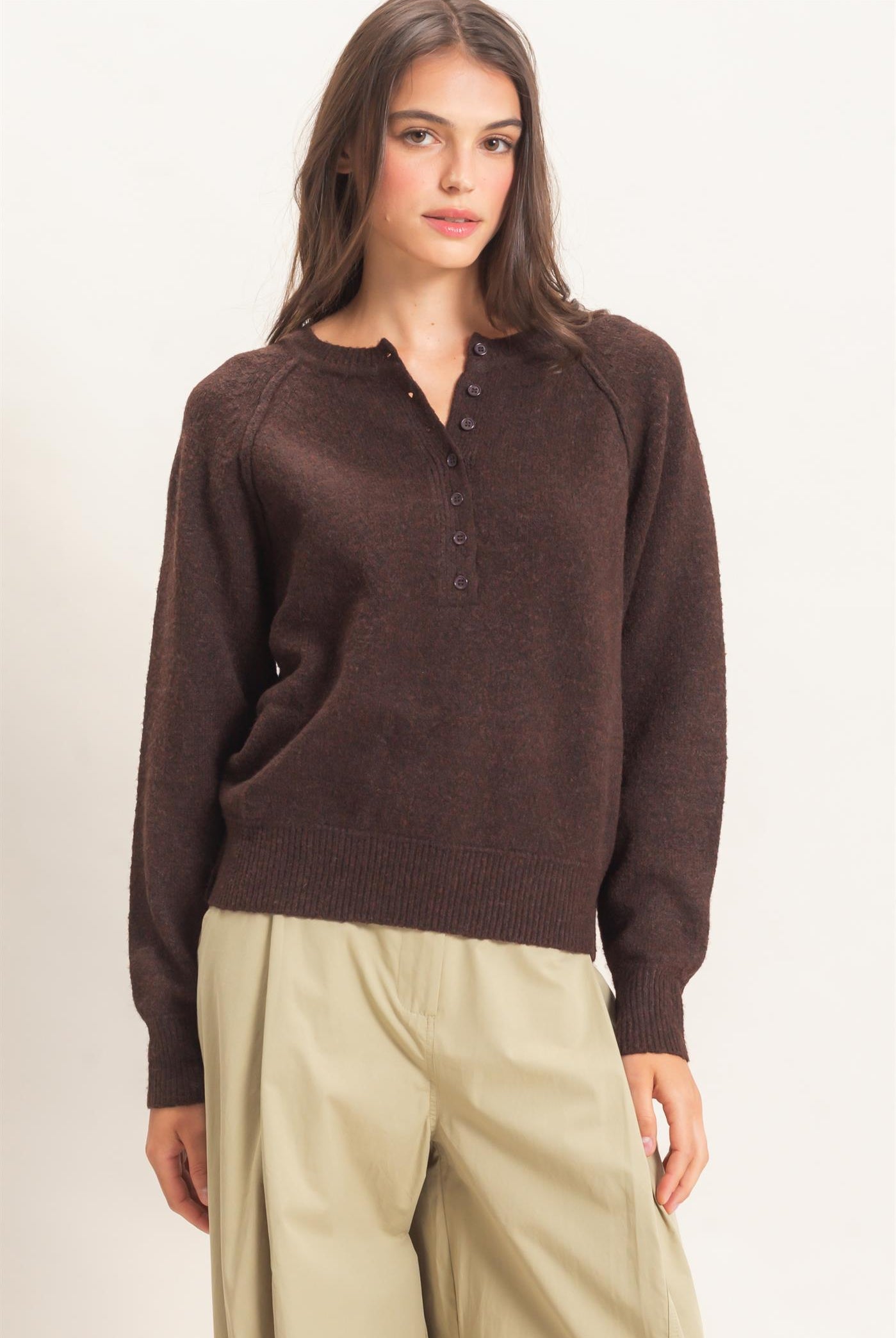 Wholesale Button Front Raglan Sweater Sweaters HF26E152 BROWN HYFVE