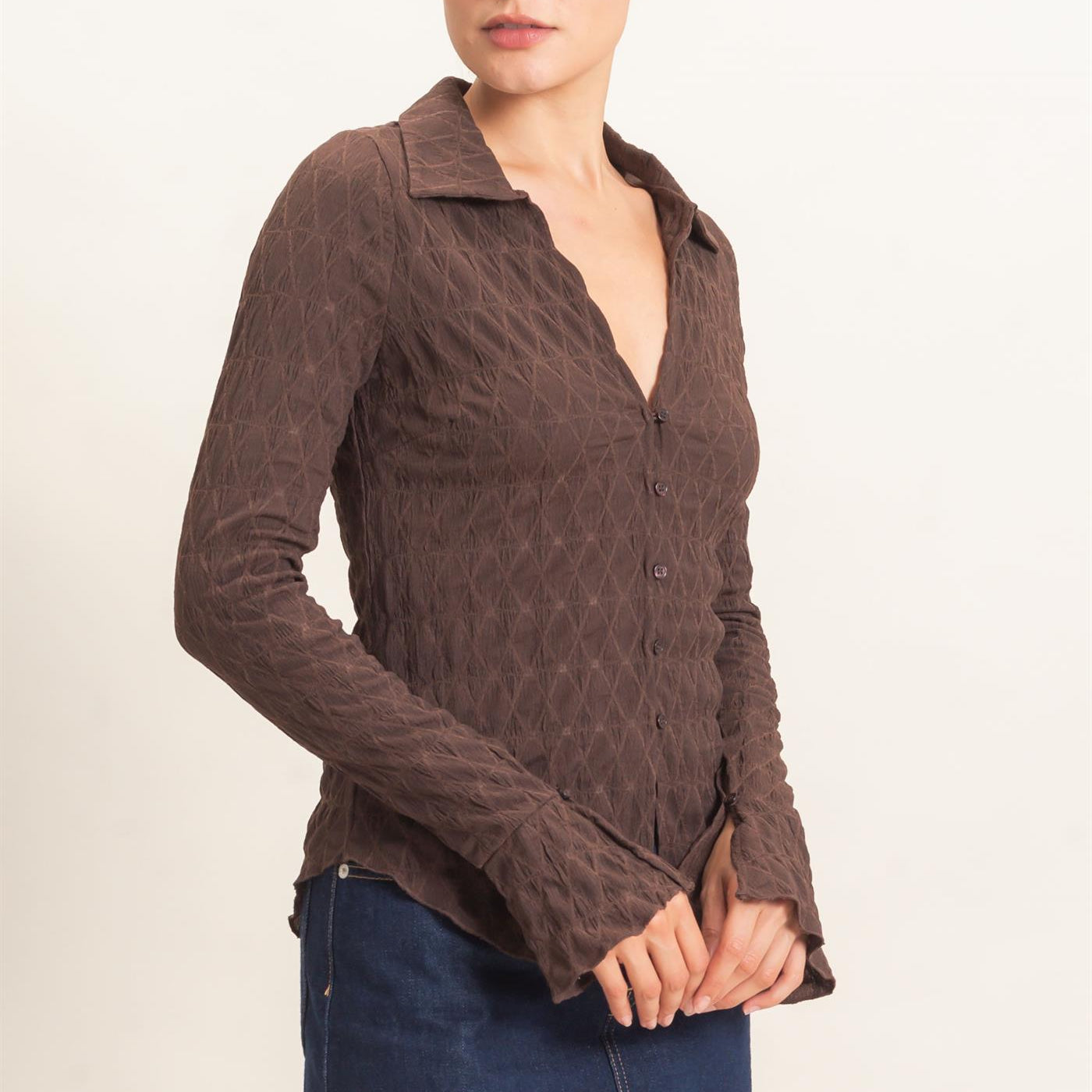 Wholesale Textured Button-Up Collared Top Shirts HF26E062 CHESTNUT HYFVE