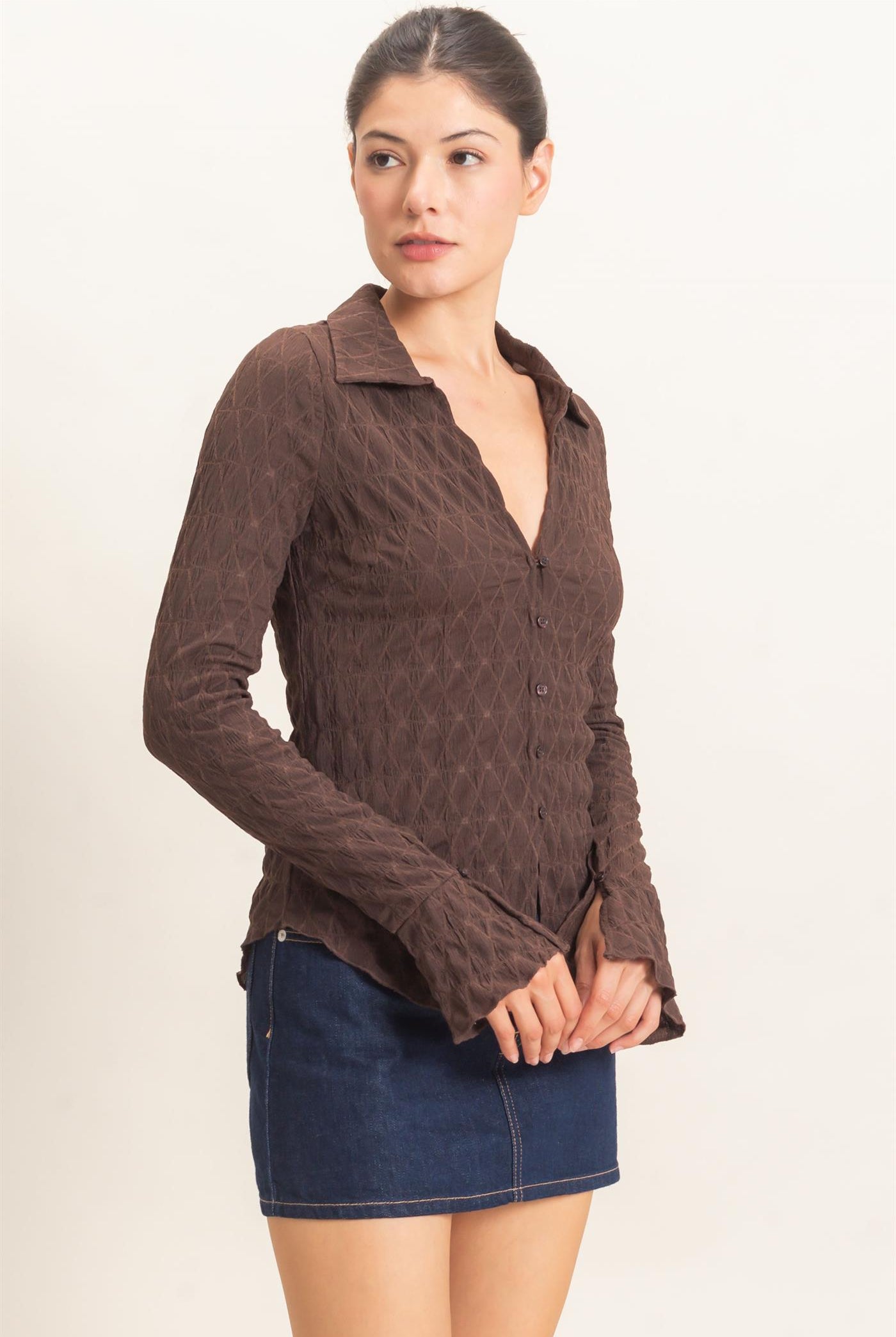 Wholesale Textured Button-Up Collared Top Shirts HF26E062 CHESTNUT HYFVE